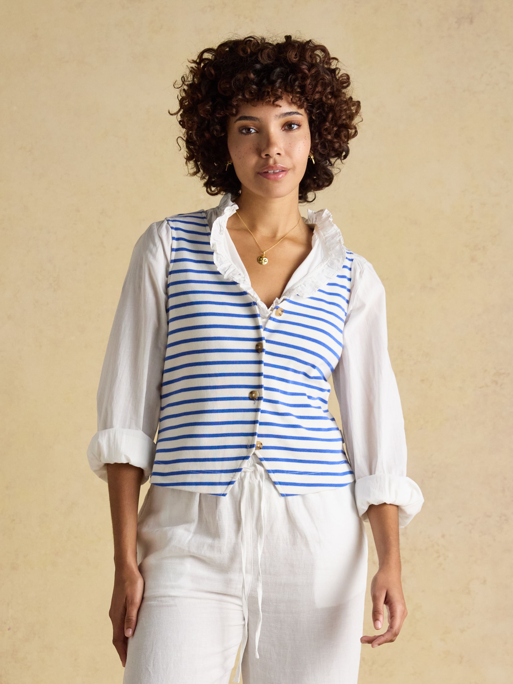 Premium Ribbed Blue Striped Jersey Cotton V-Neck Waistcoat - Image 1 of 9