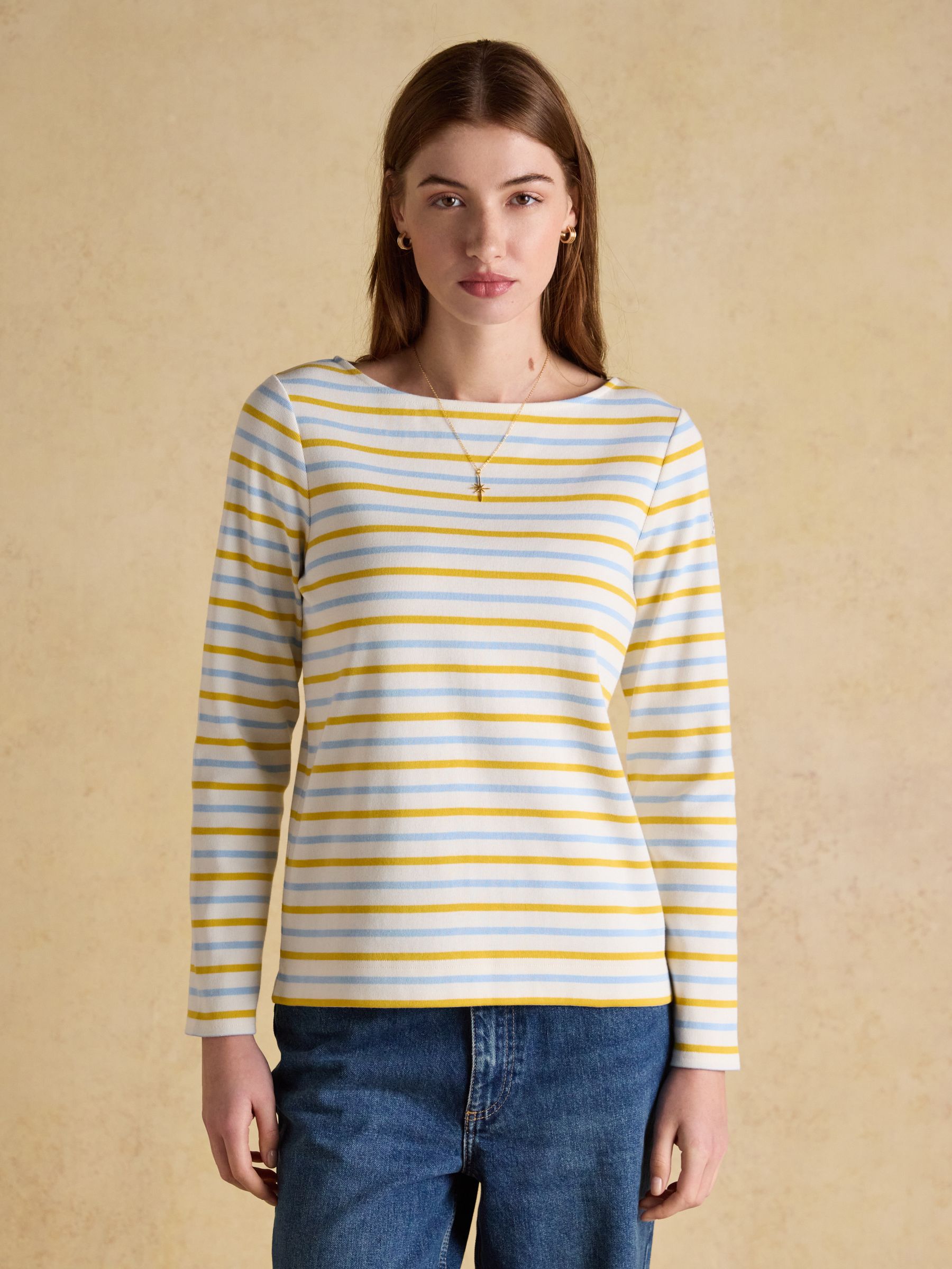 Harbour Blue/Yellow Boat Neck 100% Cotton Long Sleeve Breton Top - Image 1 of 7