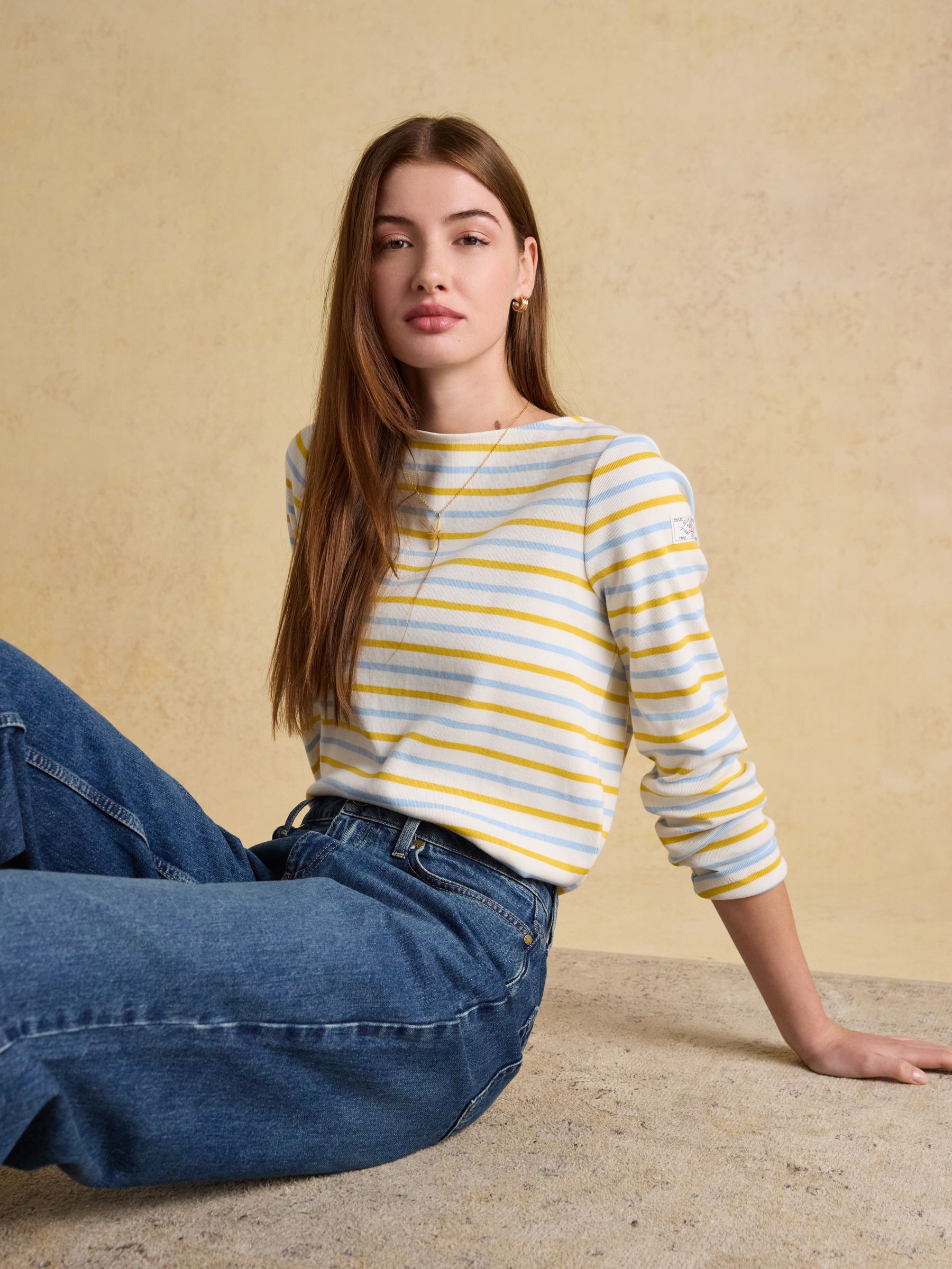 Harbour Blue/Yellow Boat Neck 100% Cotton Long Sleeve Breton Top - Image 3 of 7