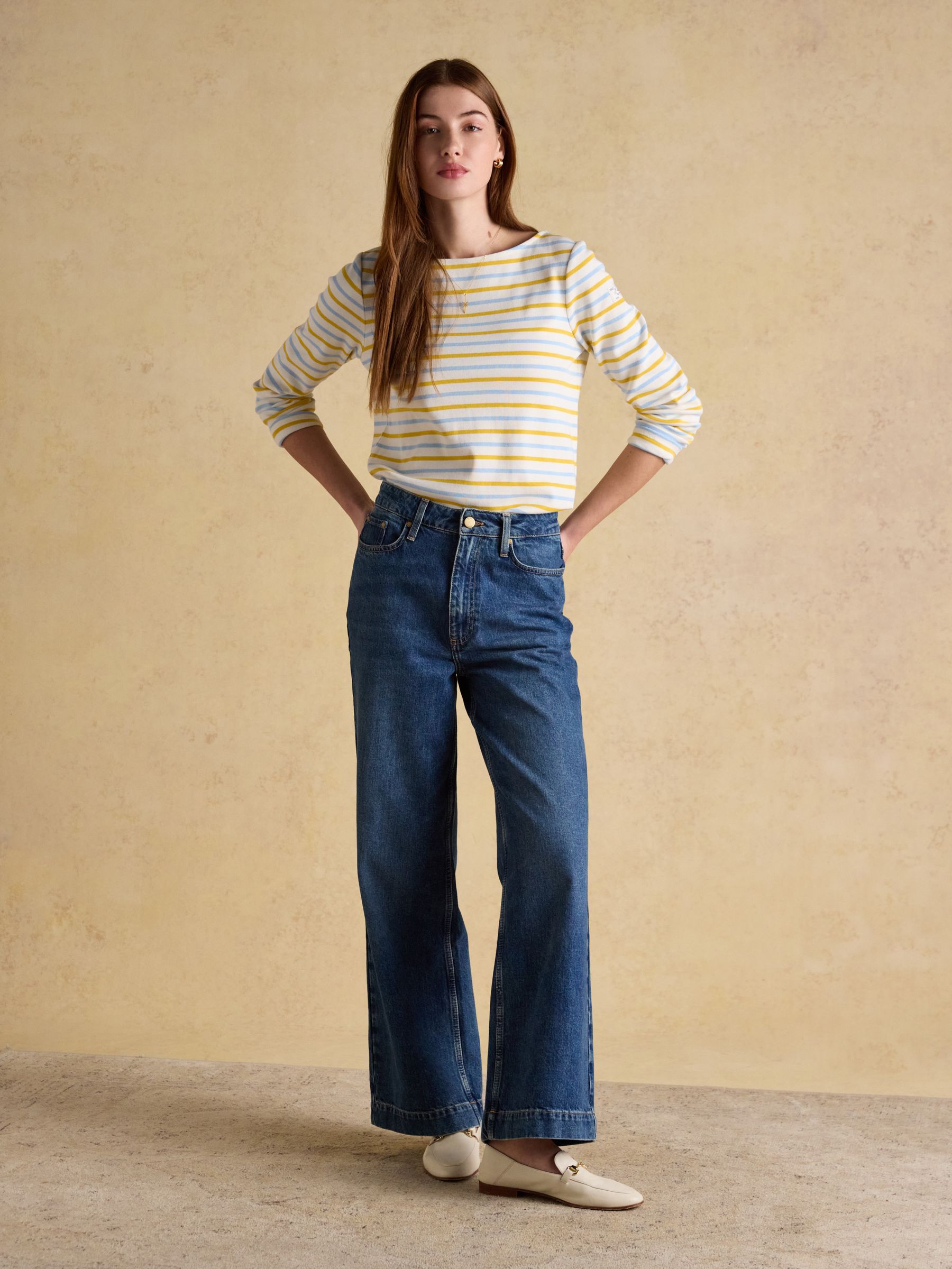 Harbour Blue/Yellow Boat Neck 100% Cotton Long Sleeve Breton Top - Image 6 of 7