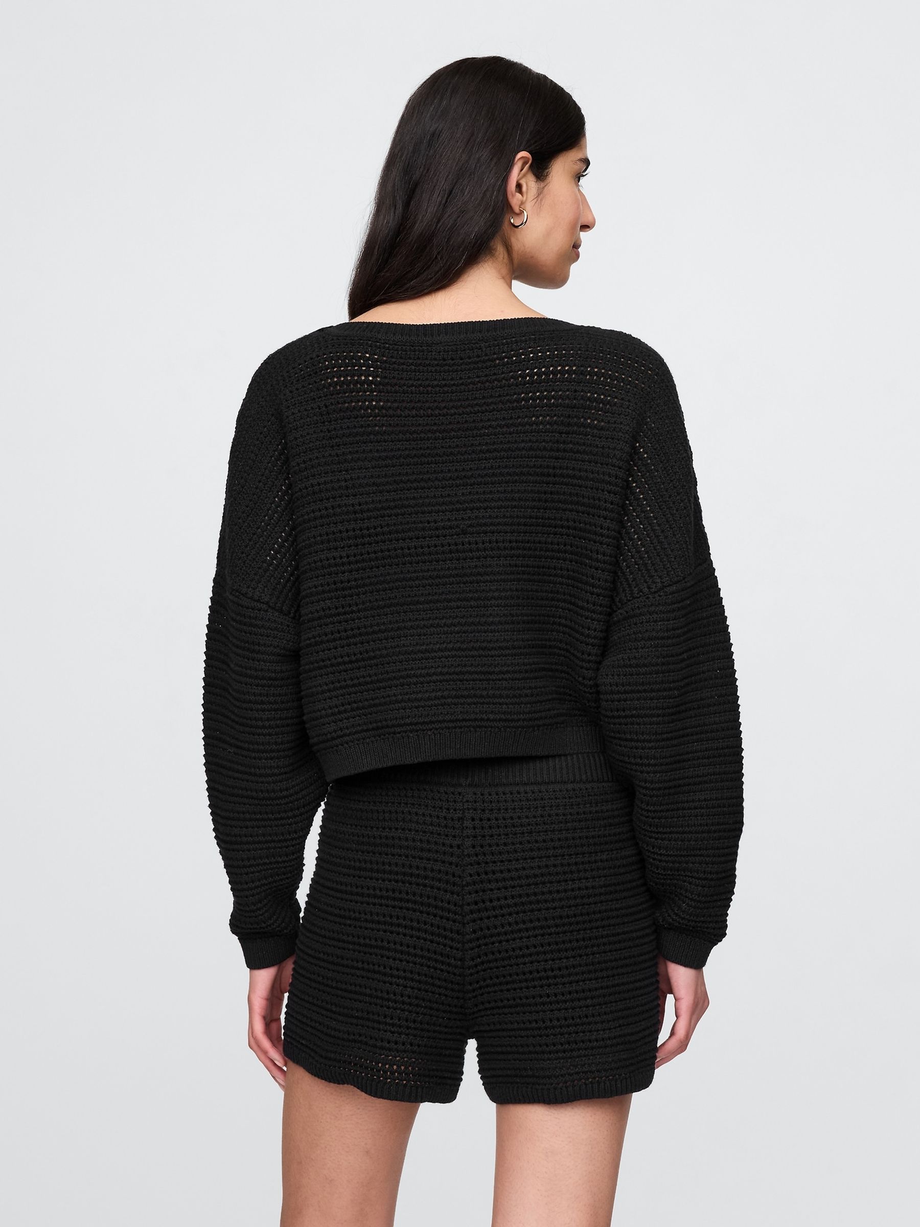 Black Crochet Cropped Boatneck Jumper - Image 2 of 4