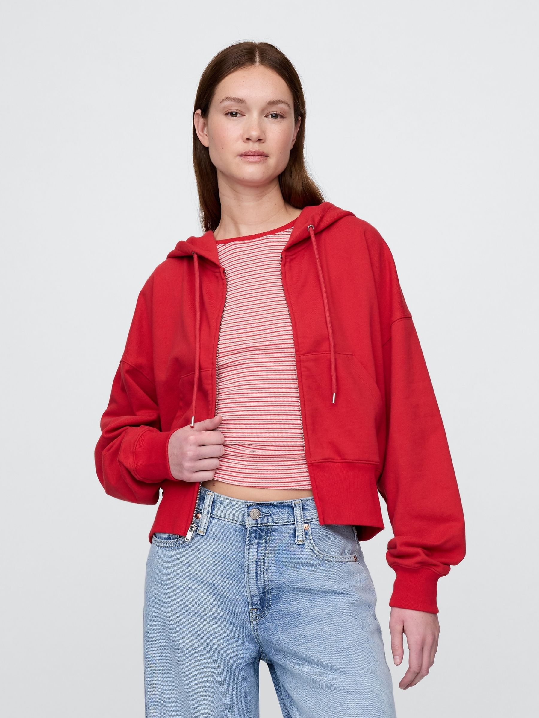 Red Heavyweight French Terry Oversized Zip Wedge Hoodie - Image 1 of 5