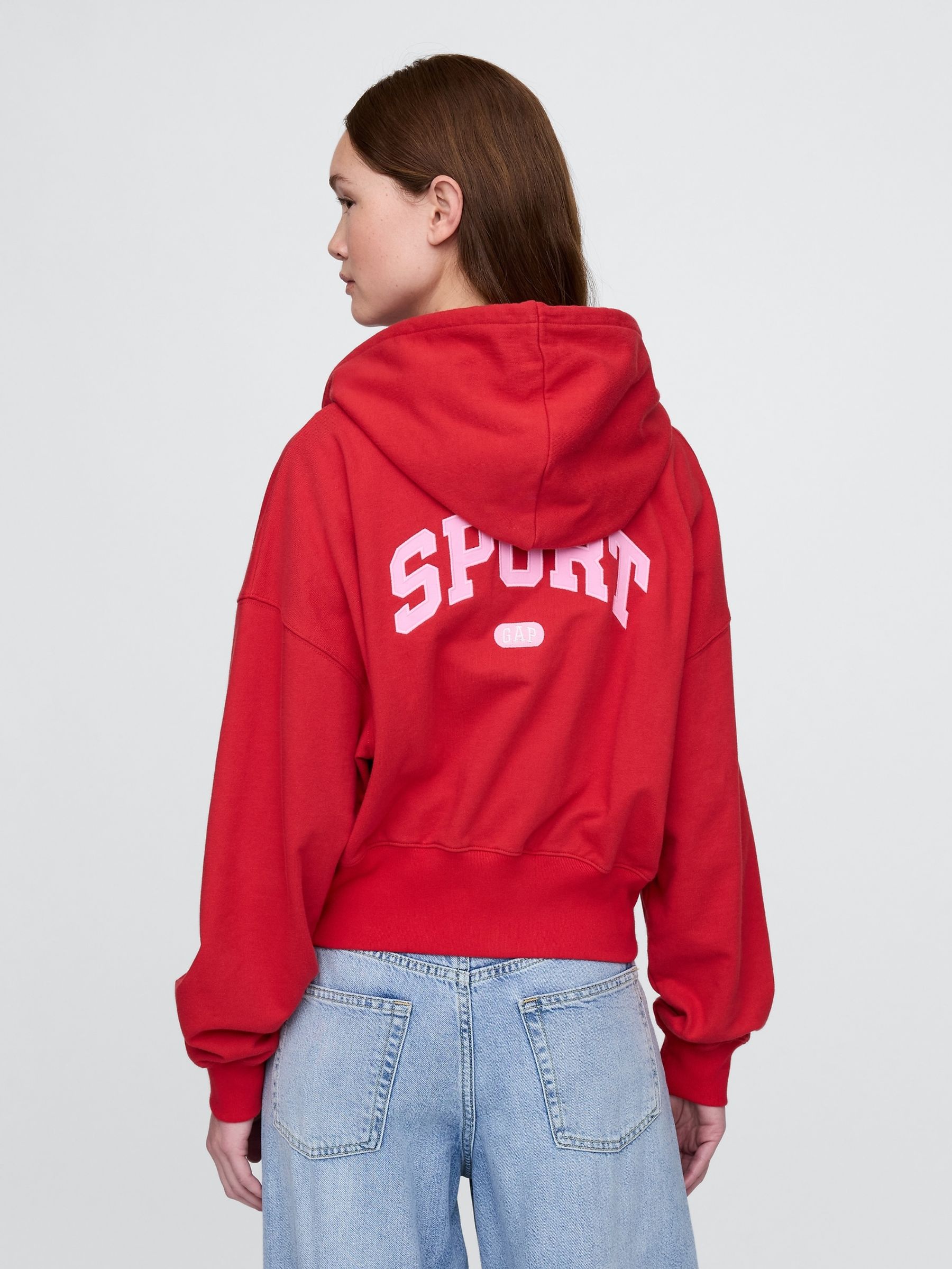 Red Heavyweight French Terry Oversized Zip Wedge Hoodie - Image 2 of 5