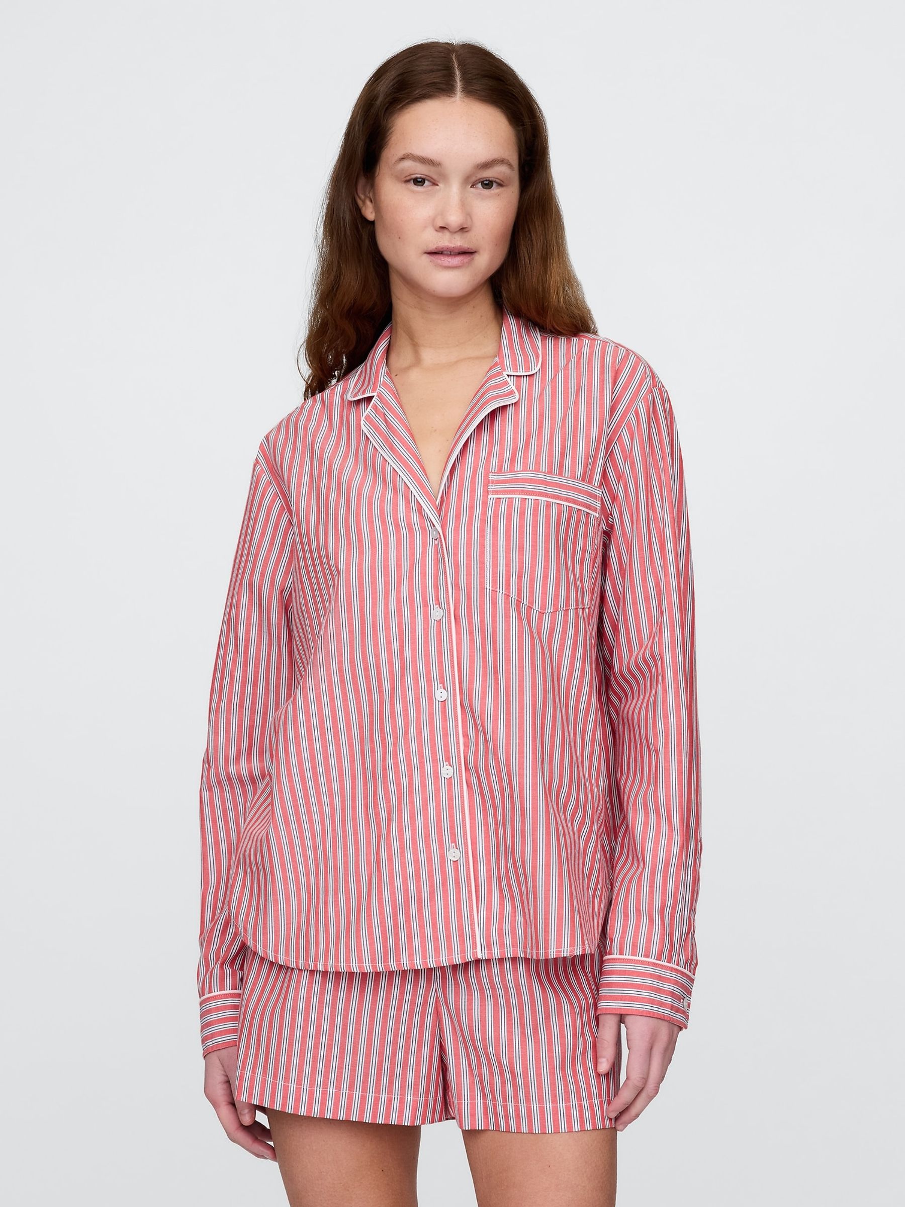 Red Stripe 100% Cotton Poplin Pyjama Top - Image 1 of 5