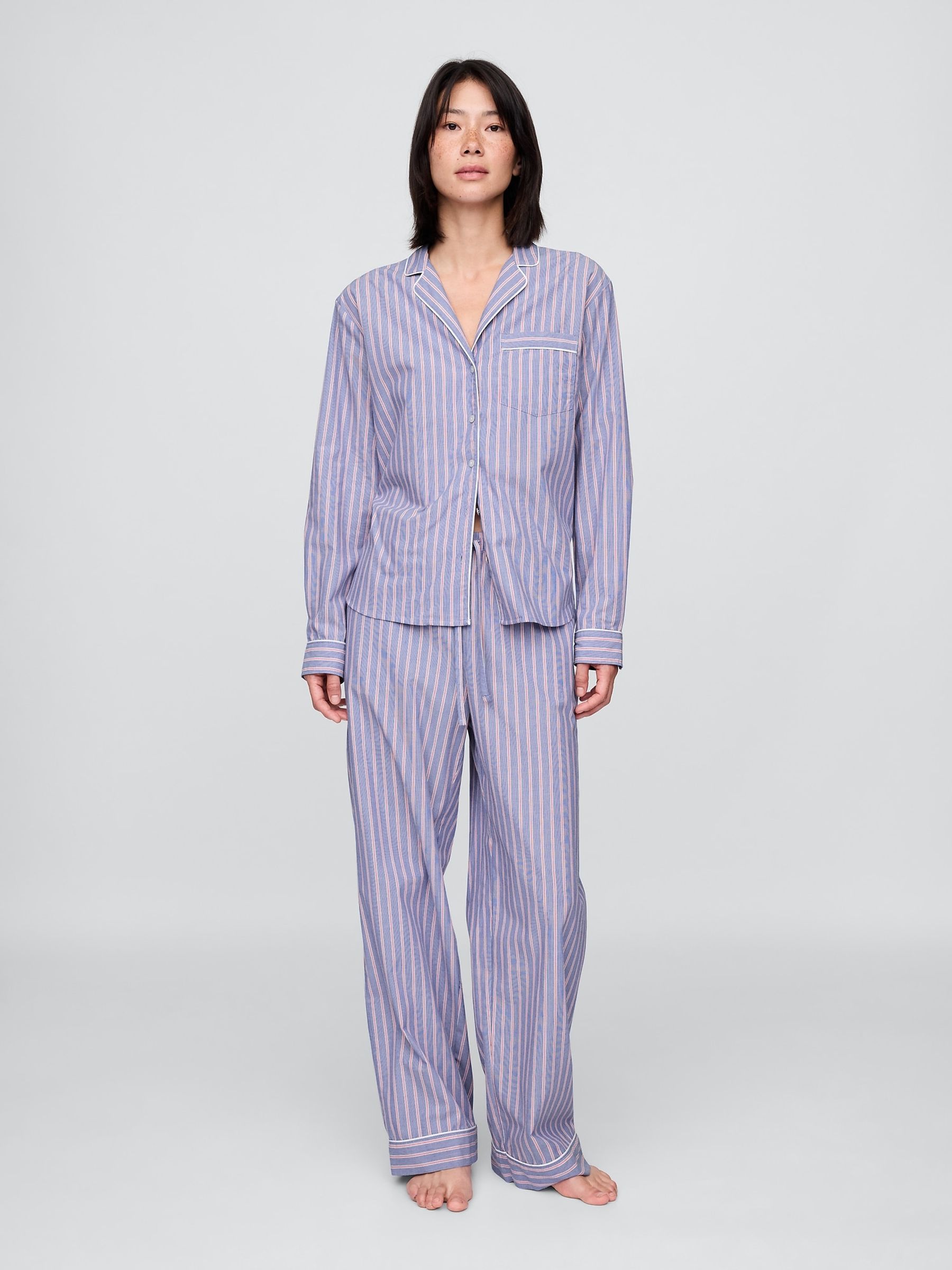Blue Stripe Trouser 100% Cotton Poplin Pyjama Bottoms - Image 1 of 3