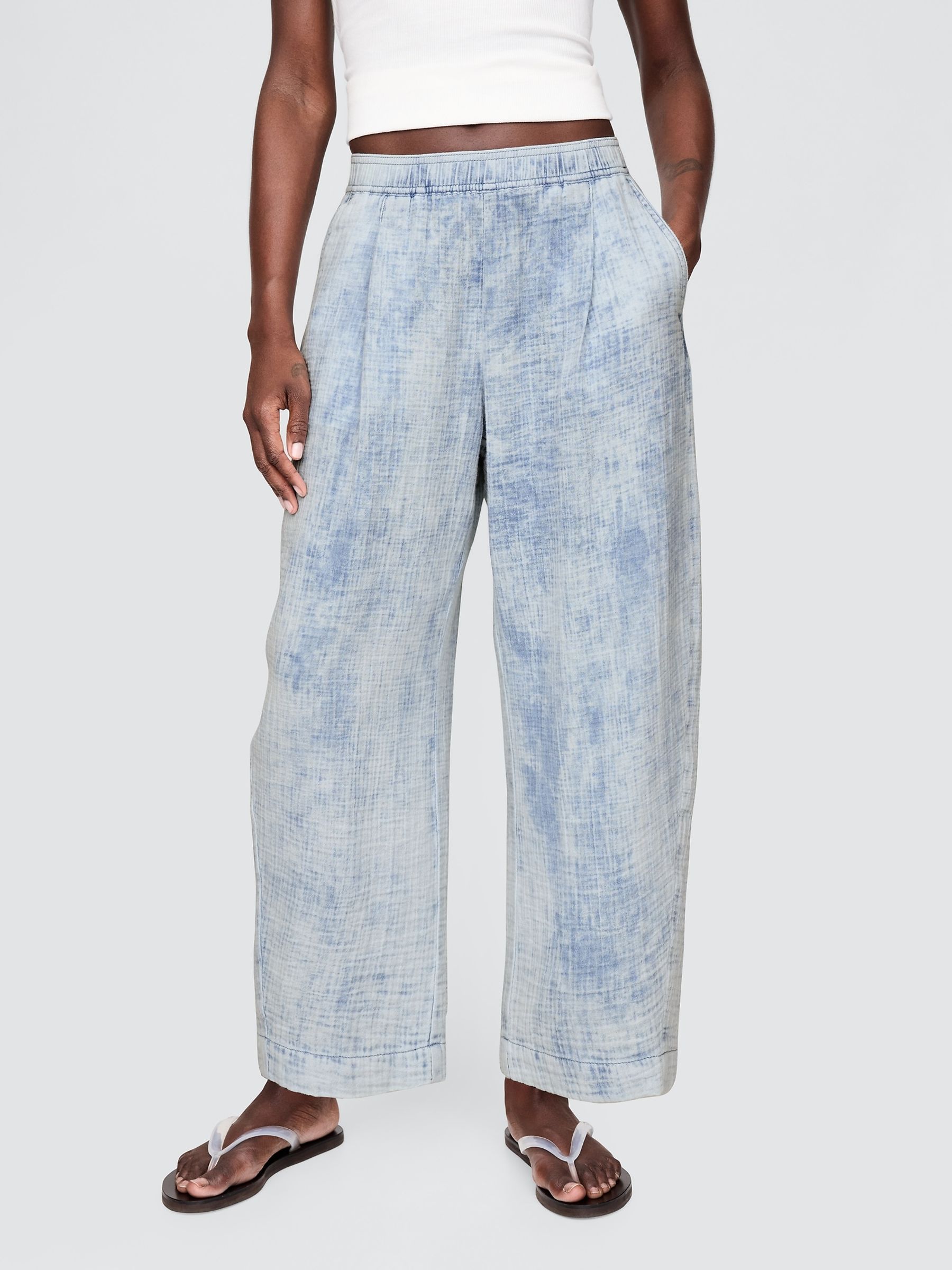 Blue Crinkle Gauze Denim Easy Barrel Trousers - Image 1 of 5
