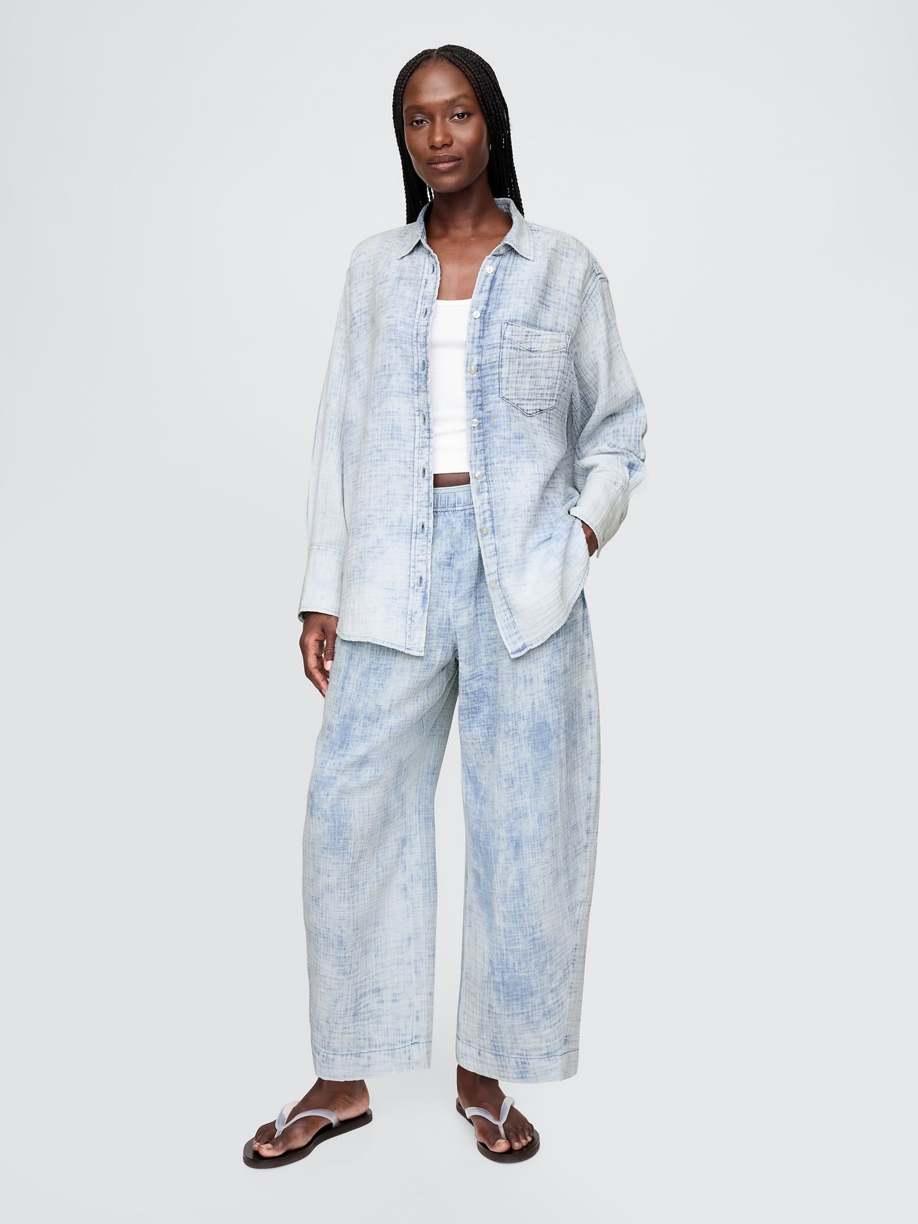 Blue Crinkle Gauze Denim Easy Barrel Trousers | Gap