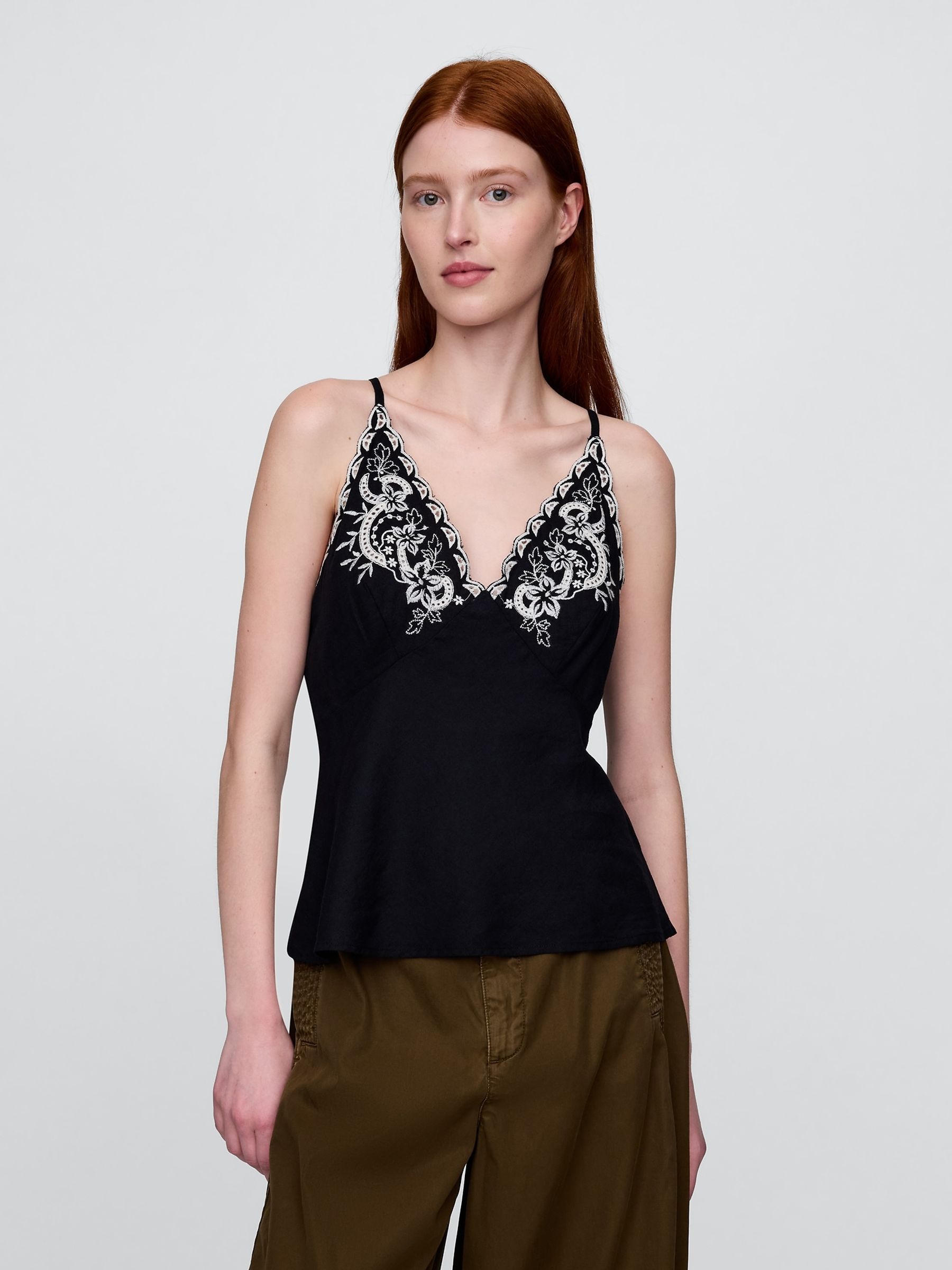 Black/White Linen-Blend Embroidered Halter Top - Image 1 of 4