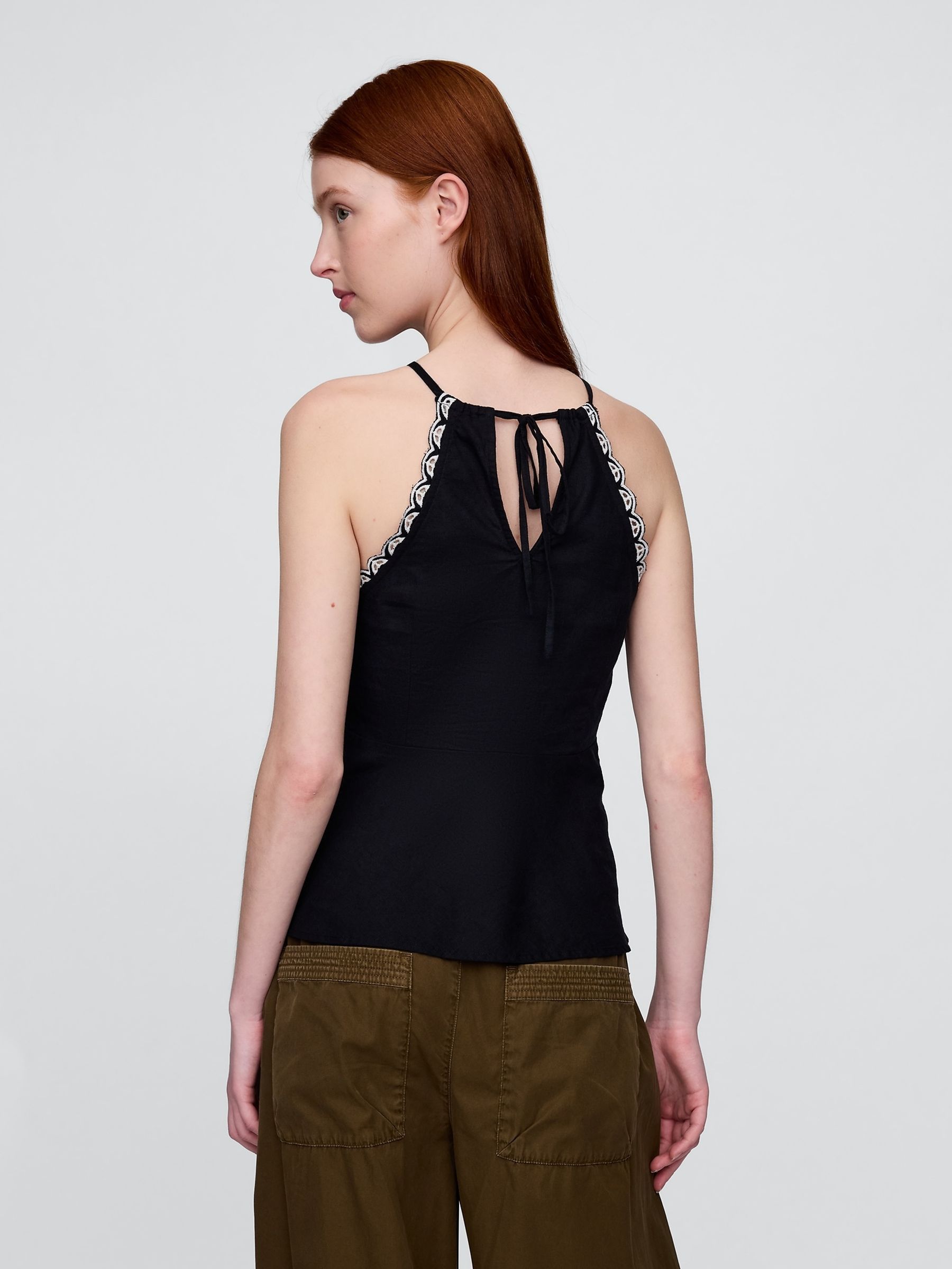 Black/White Linen-Blend Embroidered Halter Top - Image 2 of 4