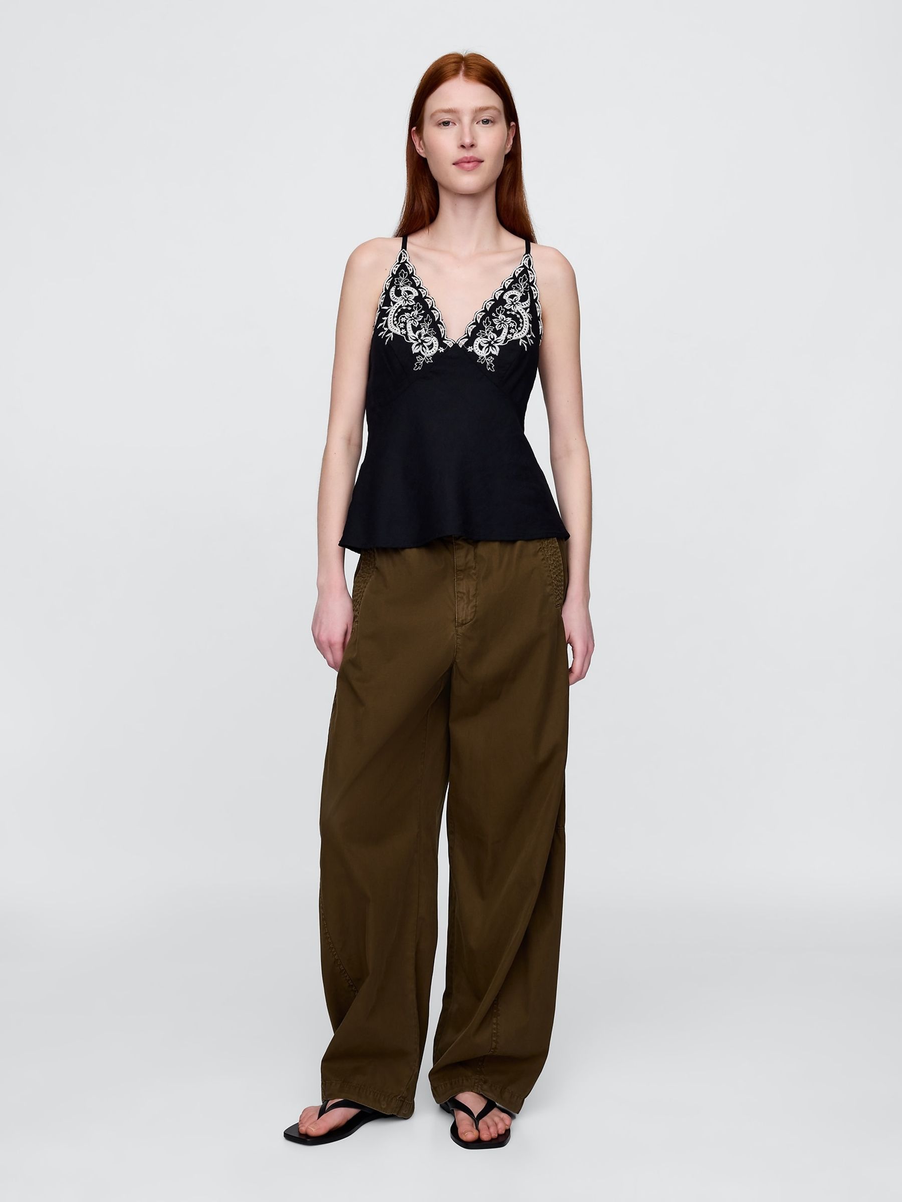 Black/White Linen-Blend Embroidered Halter Top - Image 3 of 4