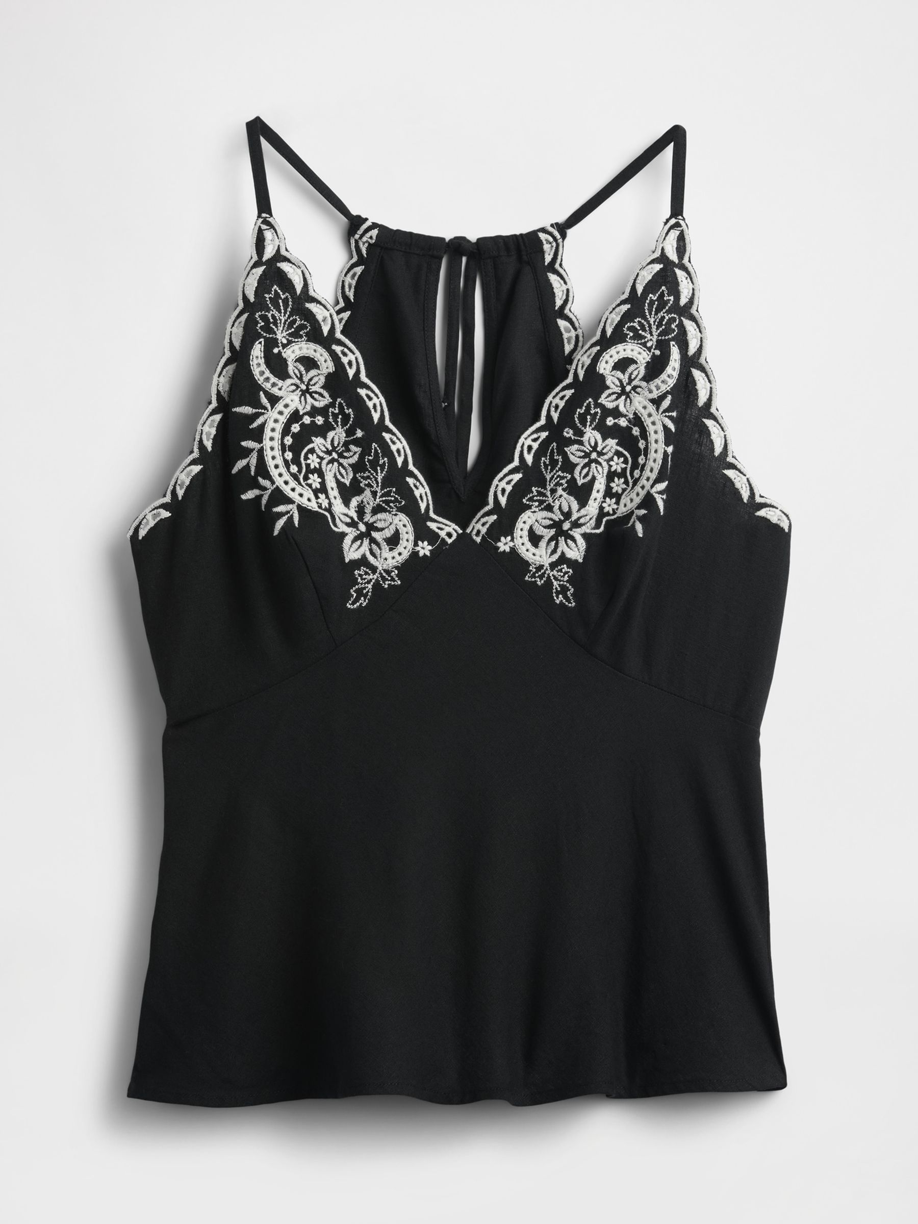 Black/White Linen-Blend Embroidered Halter Top - Image 4 of 4