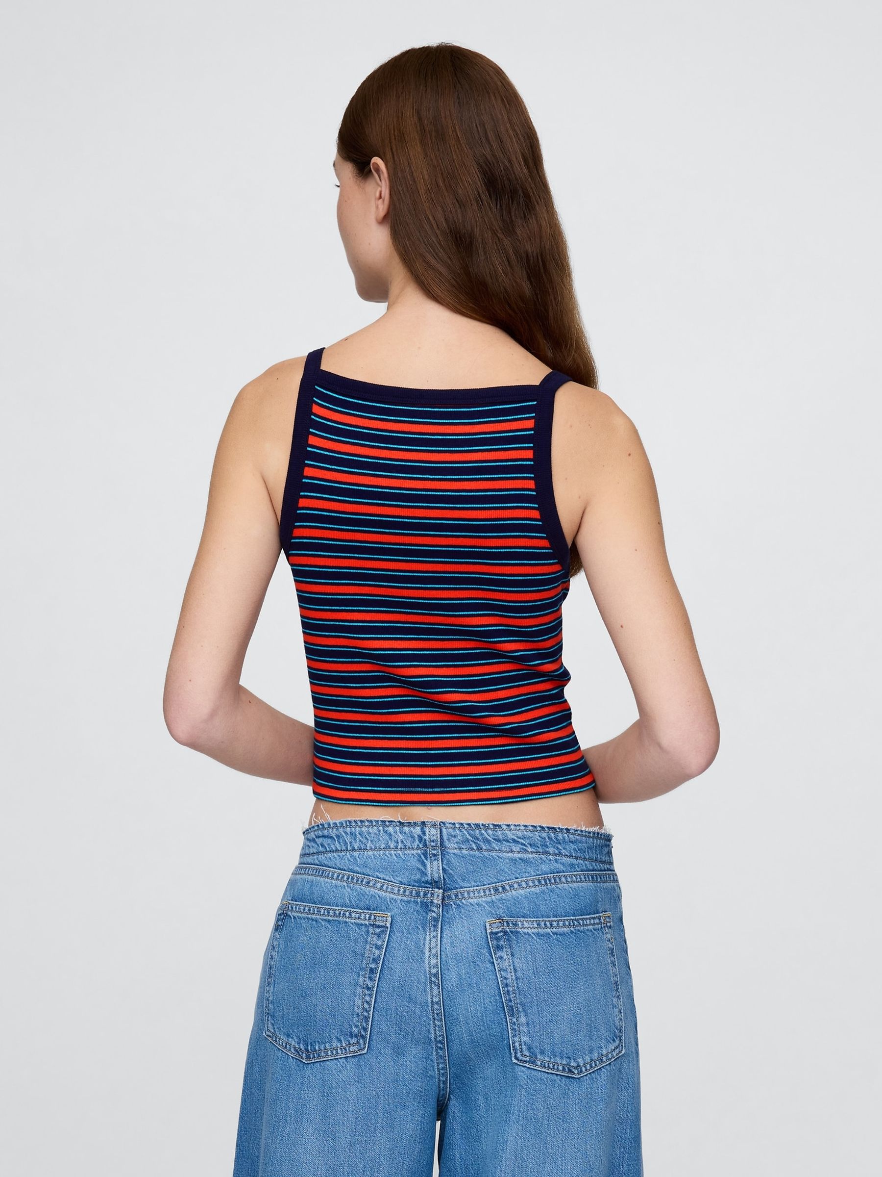 Black/Red Stripe Modern Apron-Neck Crop Vest - Image 1 of 4