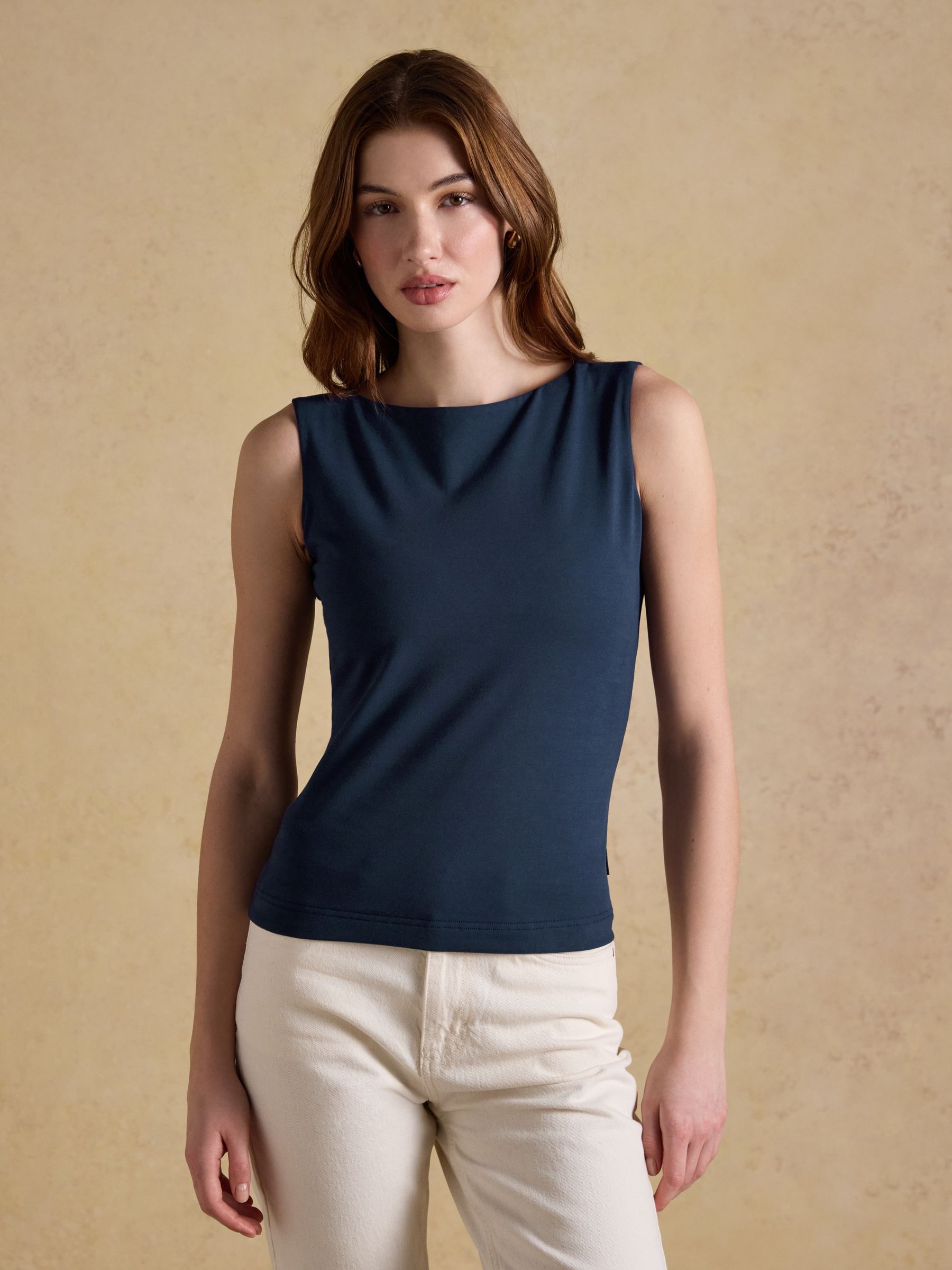 Lola Navy Double Layer Front Cotton Rich Boat Neck Vest - Image 1 of 6