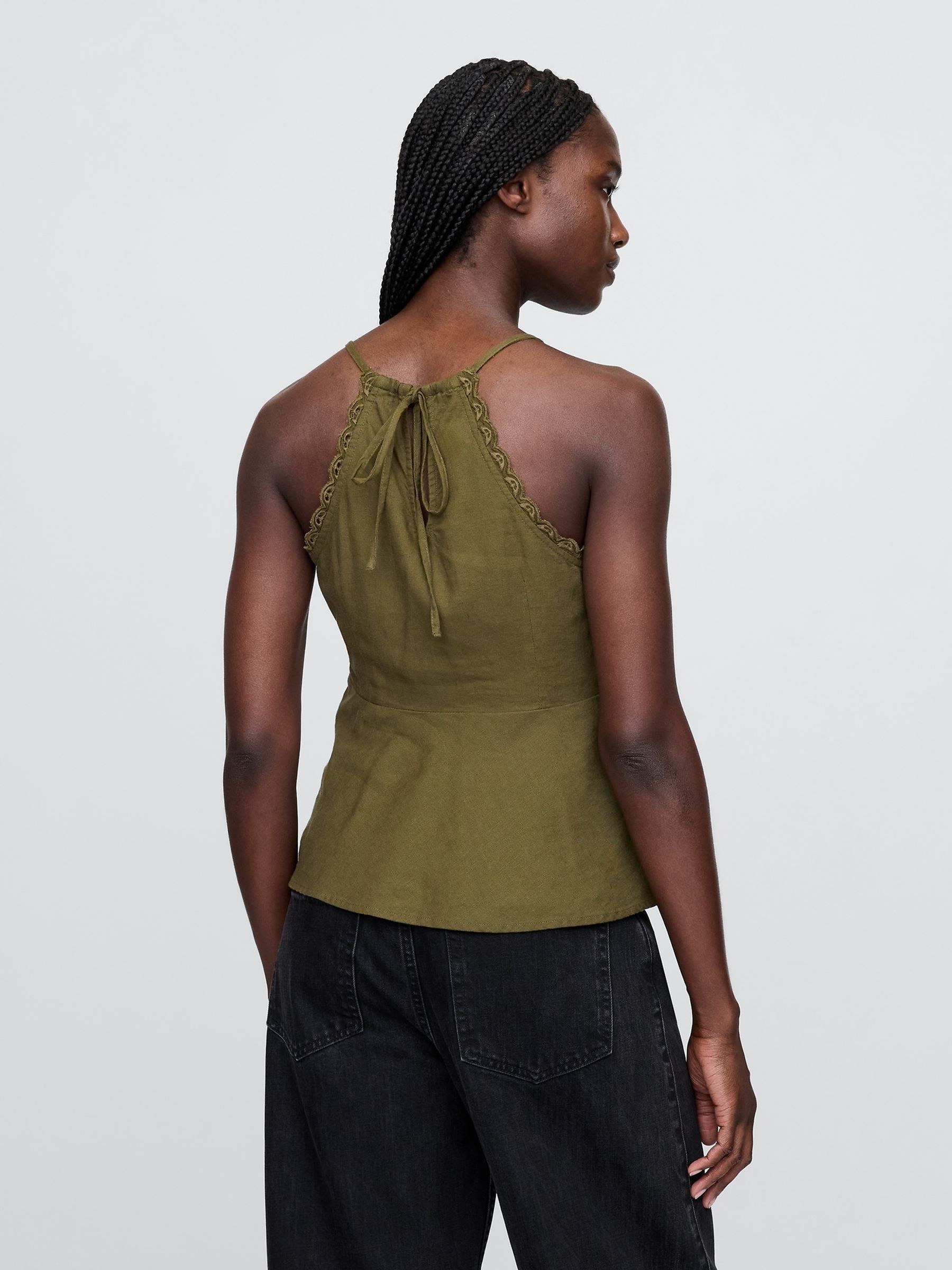 Green Linen-Blend Embroidered Halter Top - Image 2 of 4