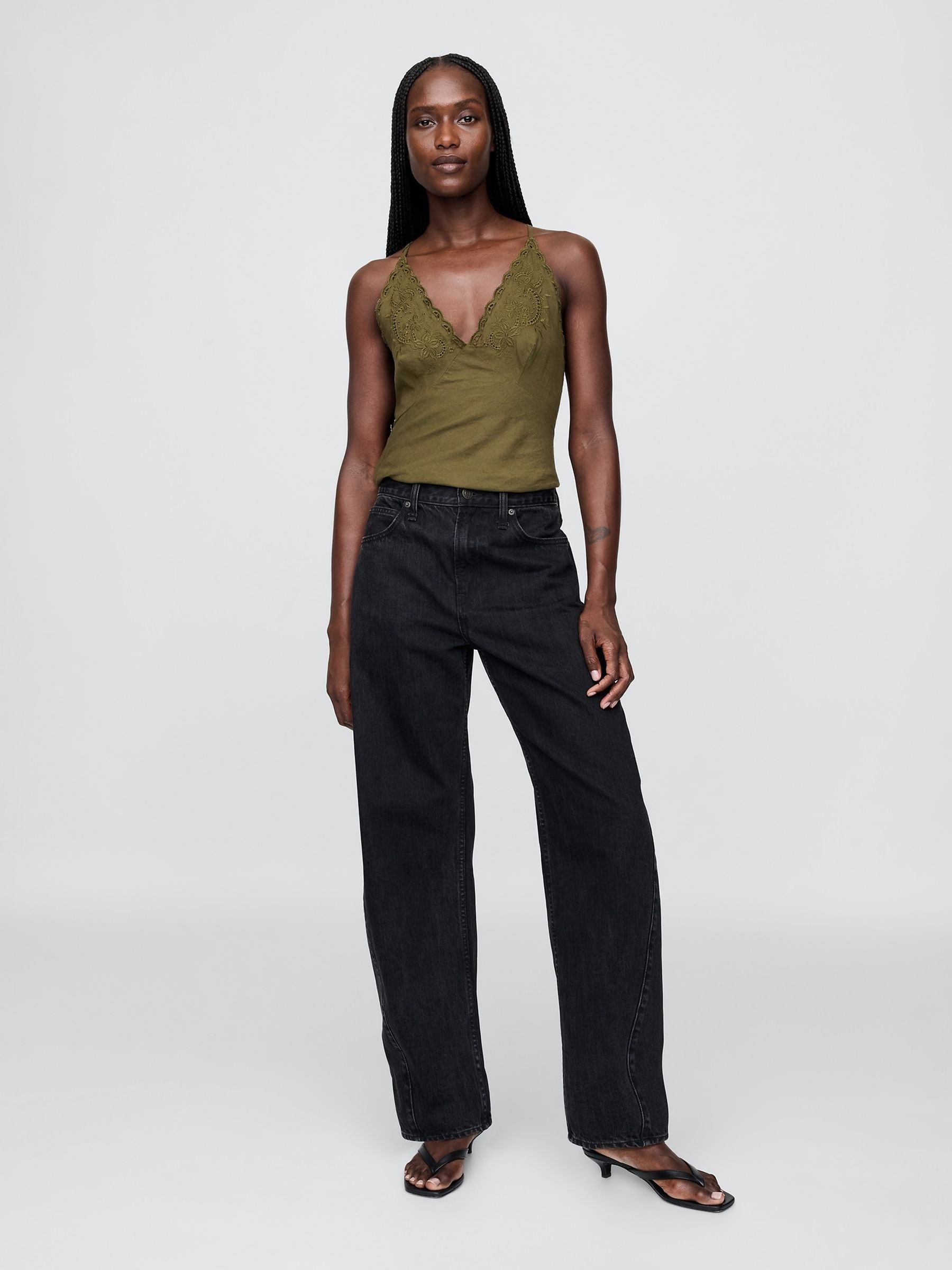 Green Linen-Blend Embroidered Halter Top - Image 3 of 4