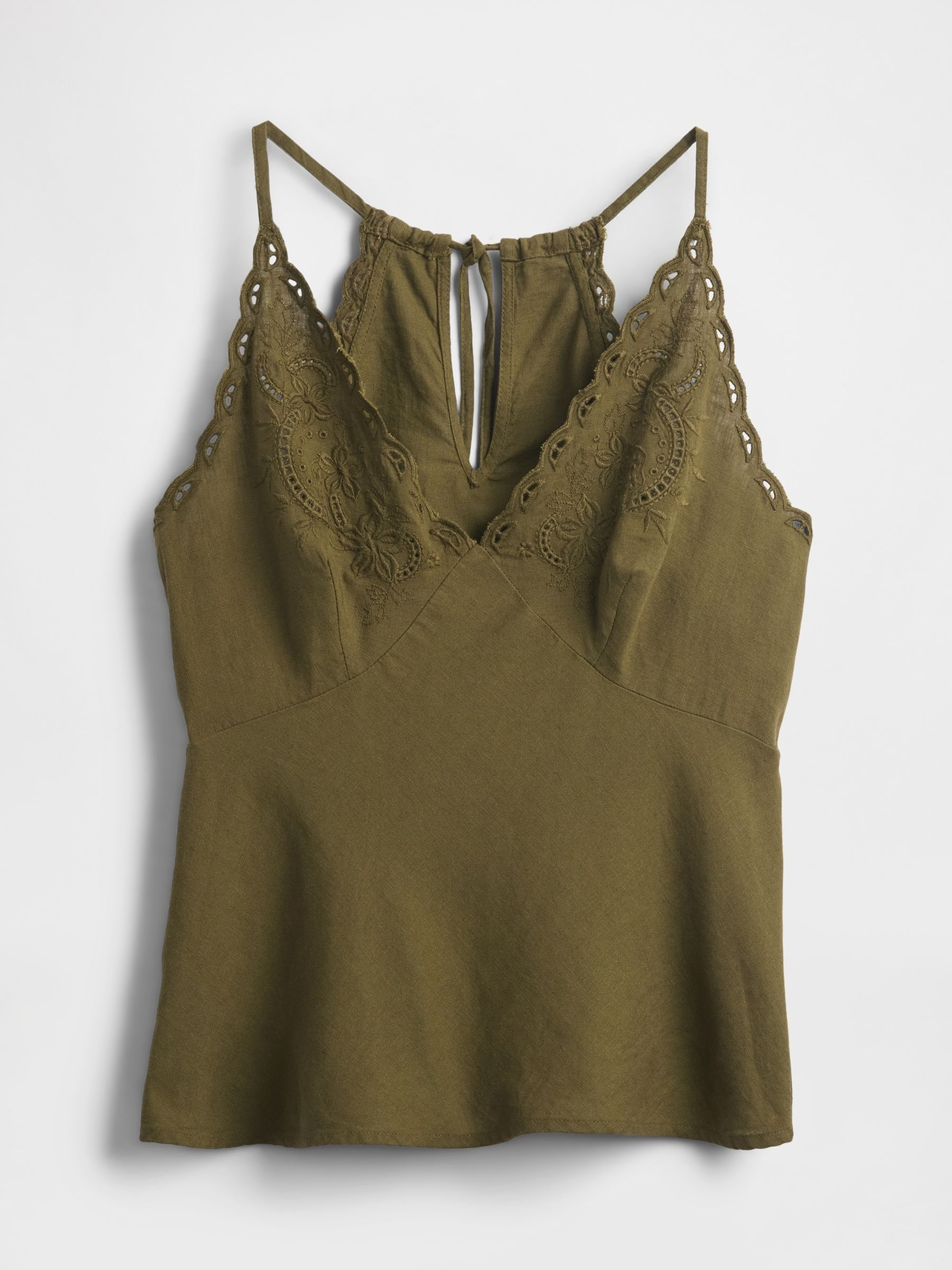 Green Linen-Blend Embroidered Halter Top - Image 4 of 4