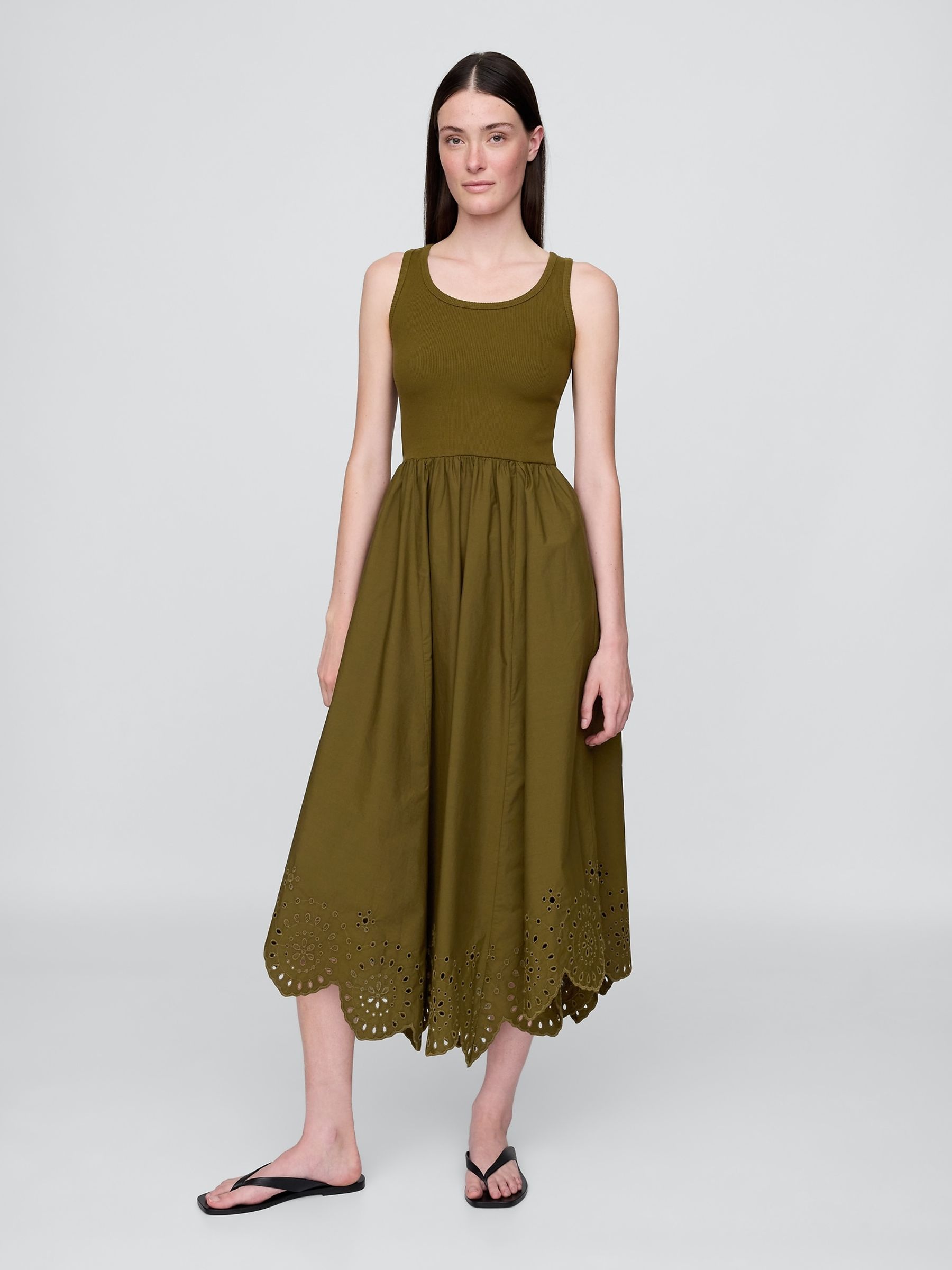 Olive Green Mixed Handkerchief Hem Midi Dress - Image 1 of 5