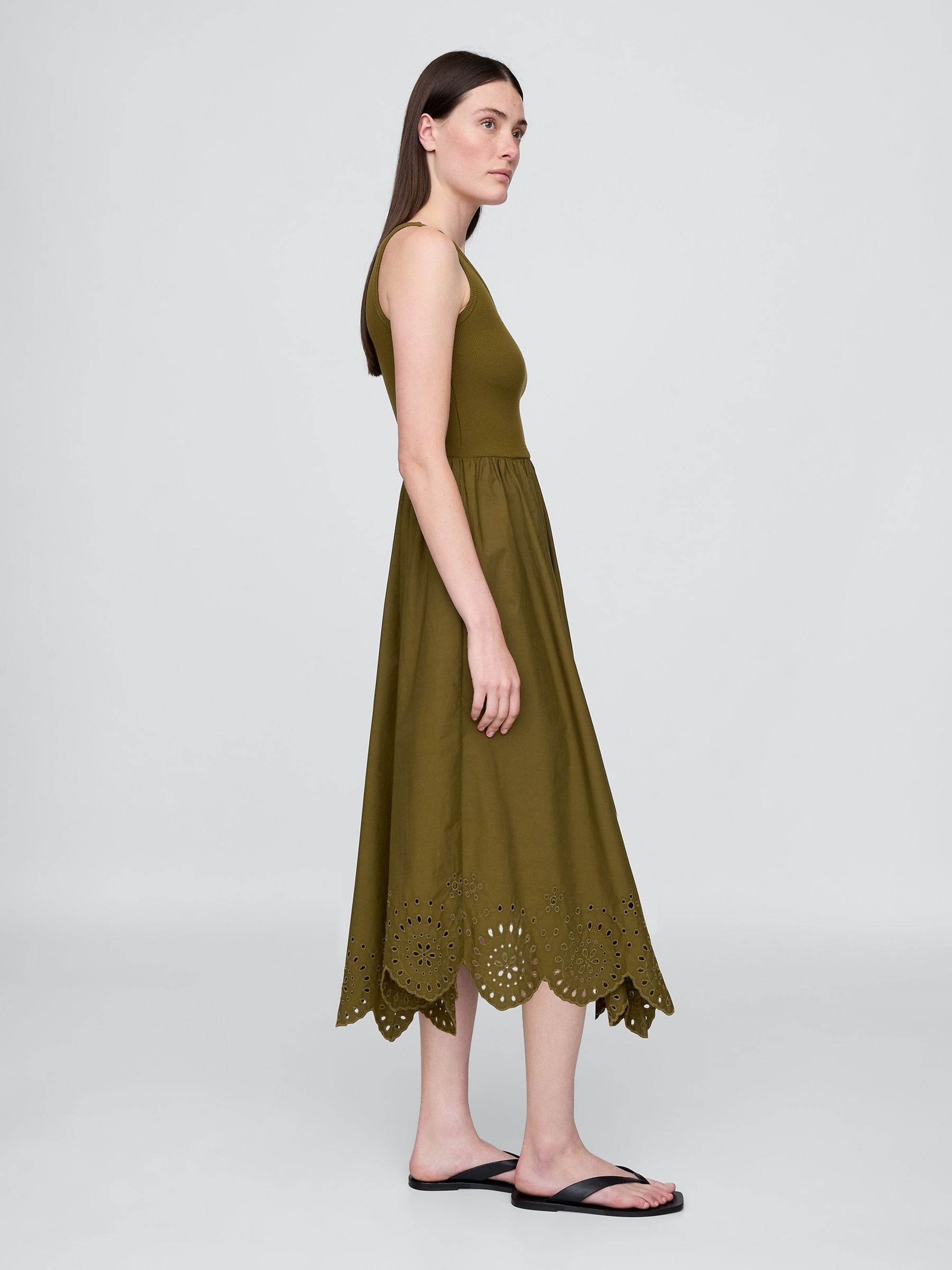 Olive Green Mixed Handkerchief Hem Midi Dress - Image 3 of 5