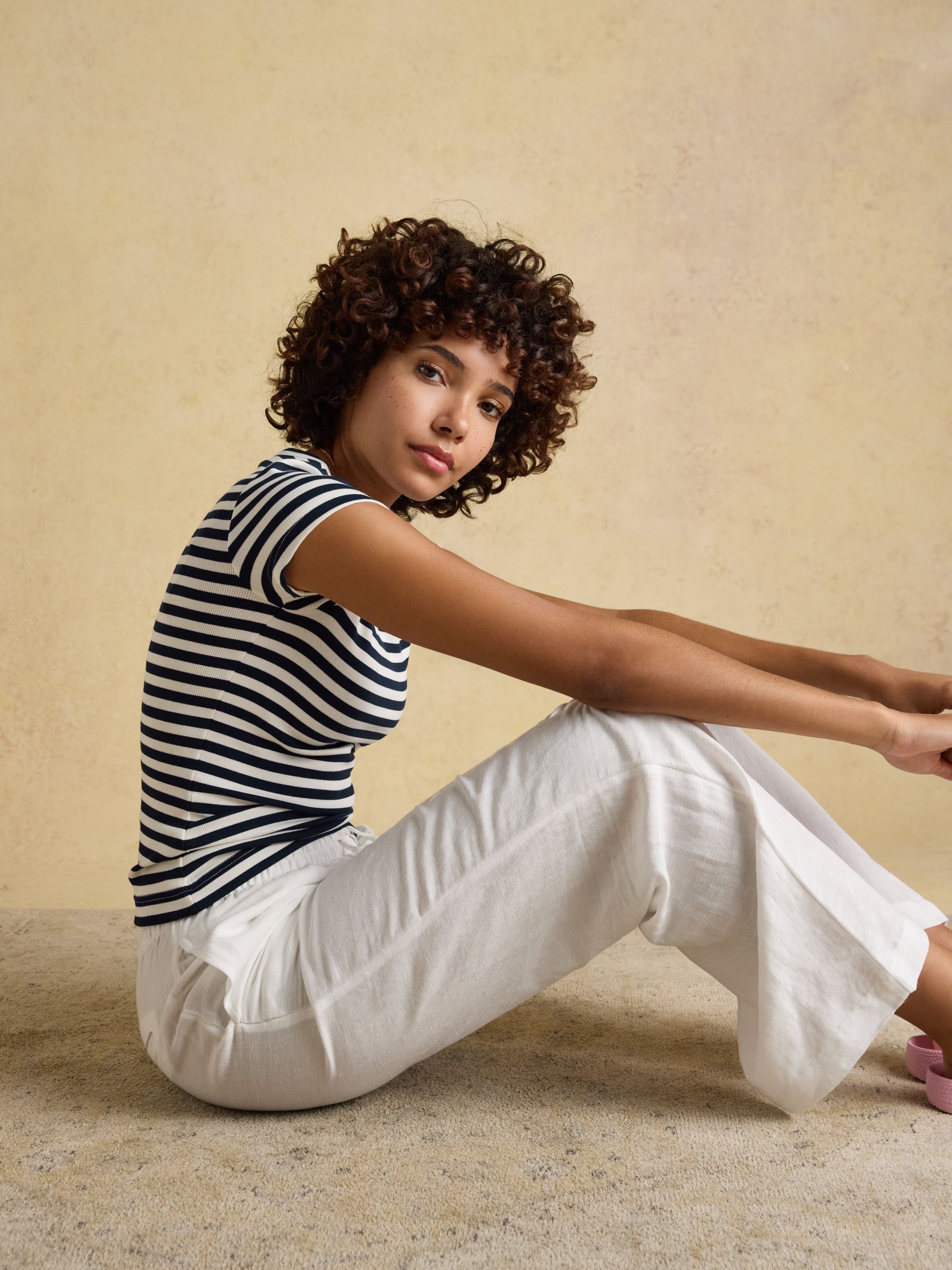 Sophie Navy Stripe Short Sleeve Ribbed Fitted T-Shirt - Image 3 of 8