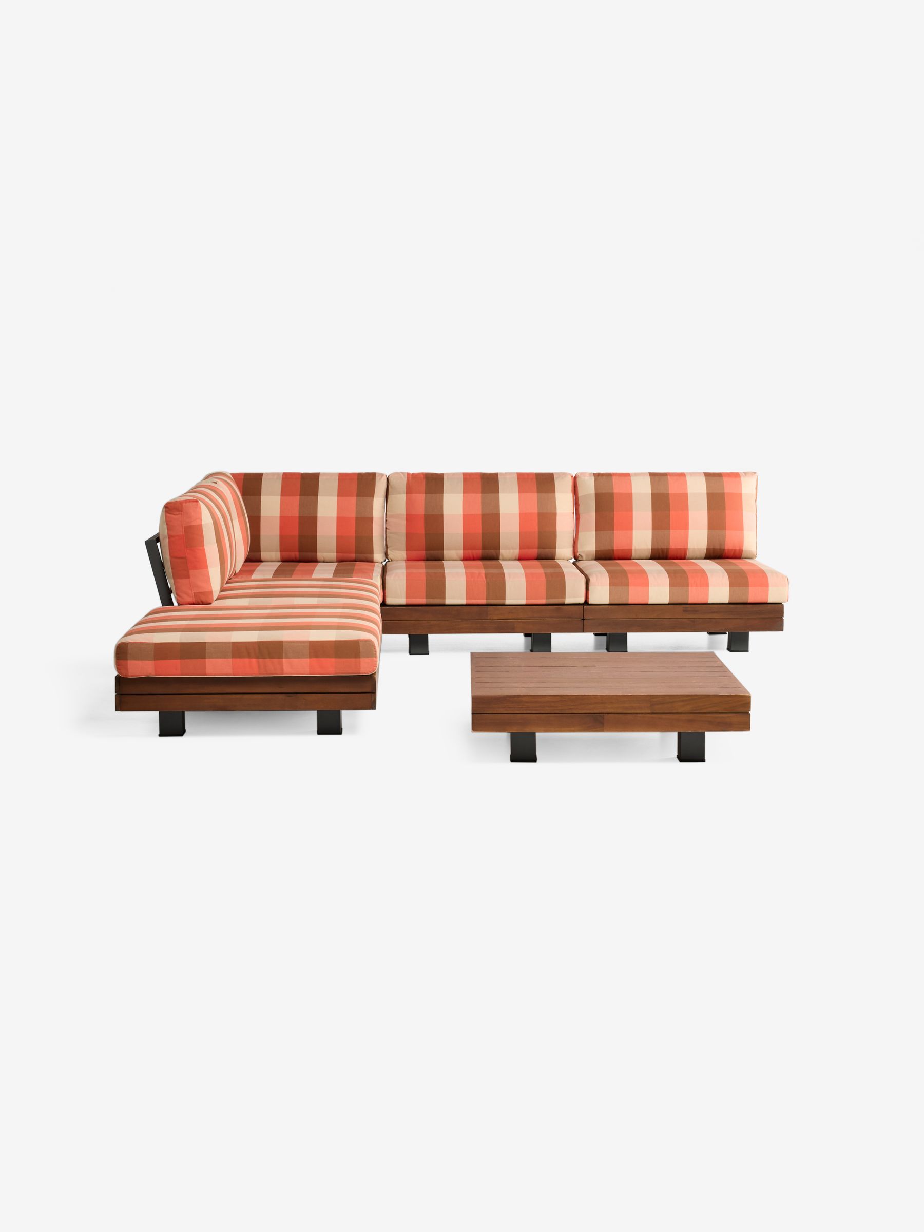 Avarna Garden Wood Corner Lounge Set in Orange and Brown Check - Image 1 of 2 Avarna Garden Wood Corner Lounge Set in Orange and Brown Check - Image 1 of 2