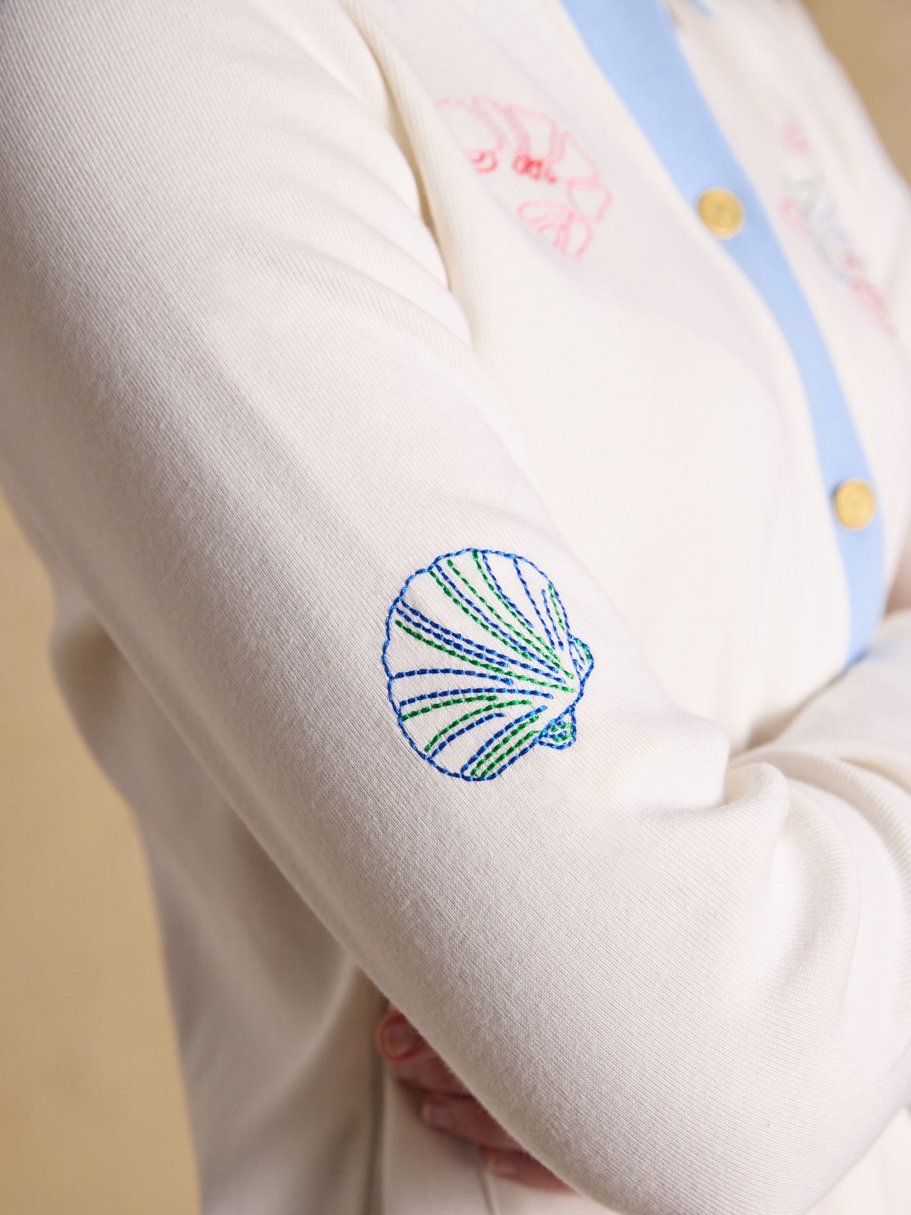 Premium Ribbed Embroidered Cream Striped Jersey Cardigan - Image 9 of 11