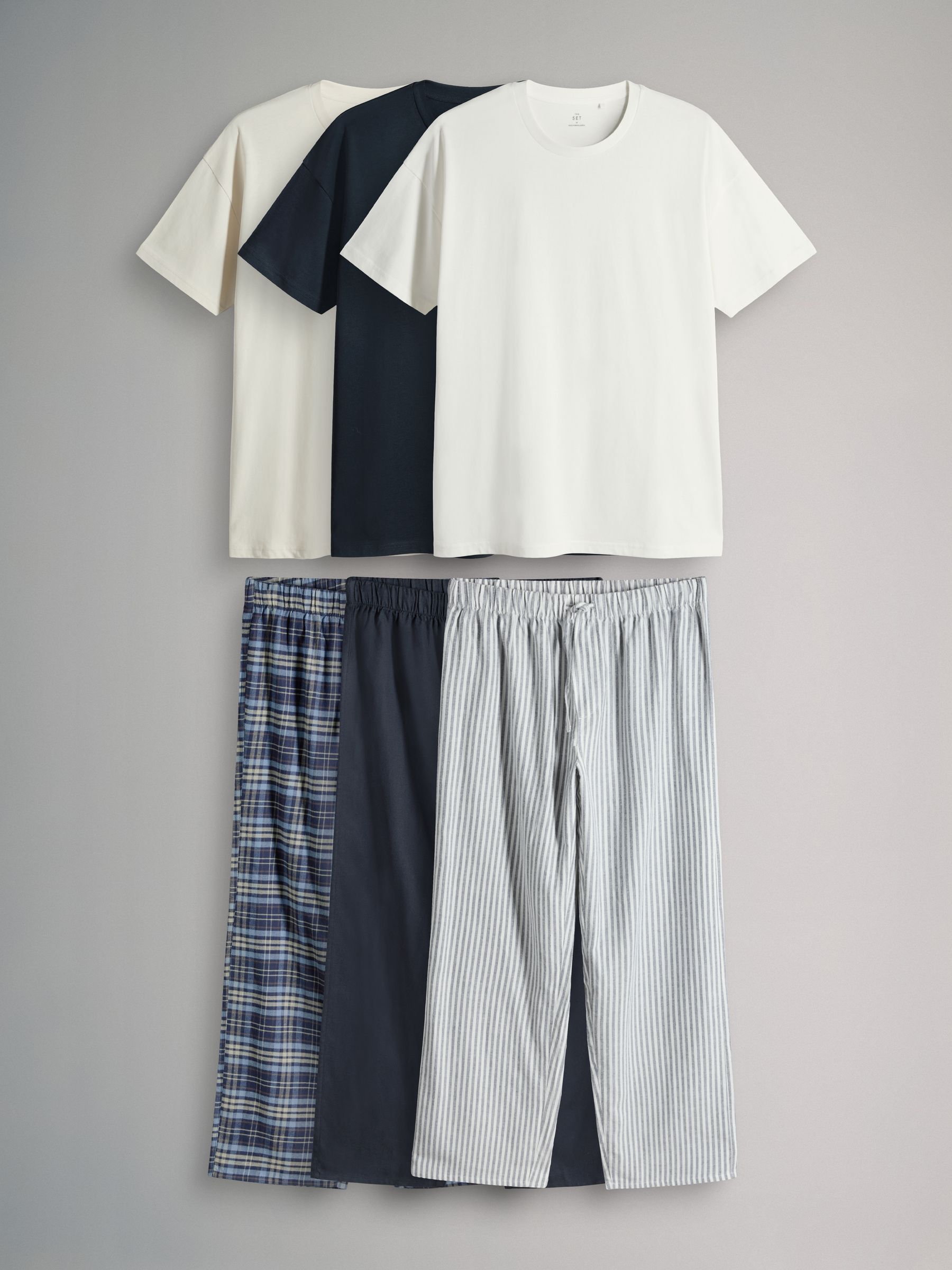 Cream/Grey/Blue 3 Pack Jersey T-Shirt and Flannel Pyjamas - Image 2 of 6