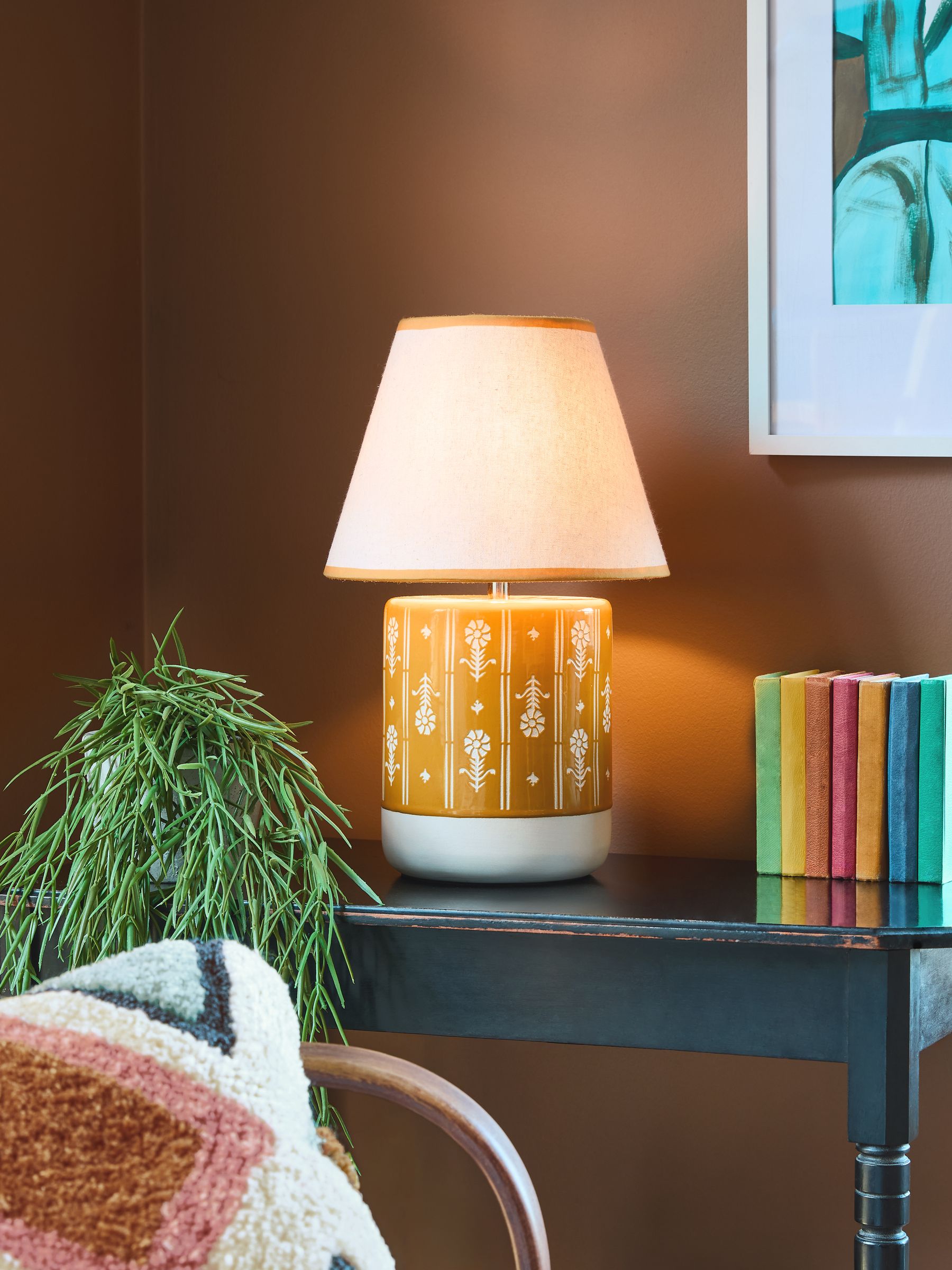 Ochre Yellow Woodblock Print Ceramic Table Lamp - Image 1 of 7