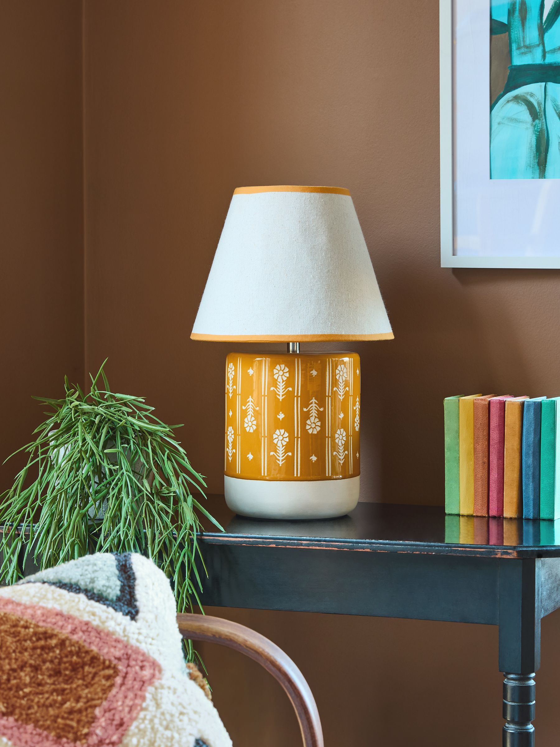 Ochre Yellow Woodblock Print Ceramic Table Lamp - Image 2 of 7