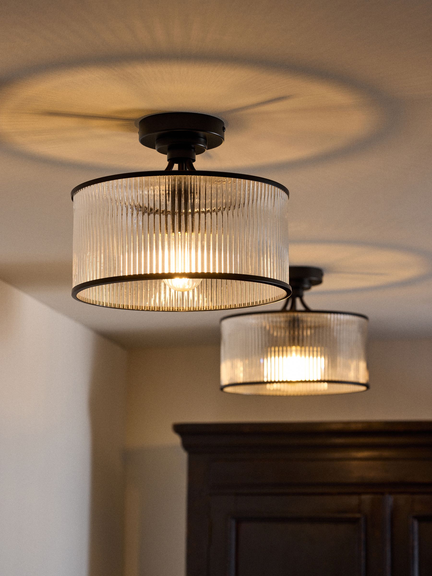 2 Pack Black Ribbed Glass Flush Ceiling Lights - Image 1 of 6