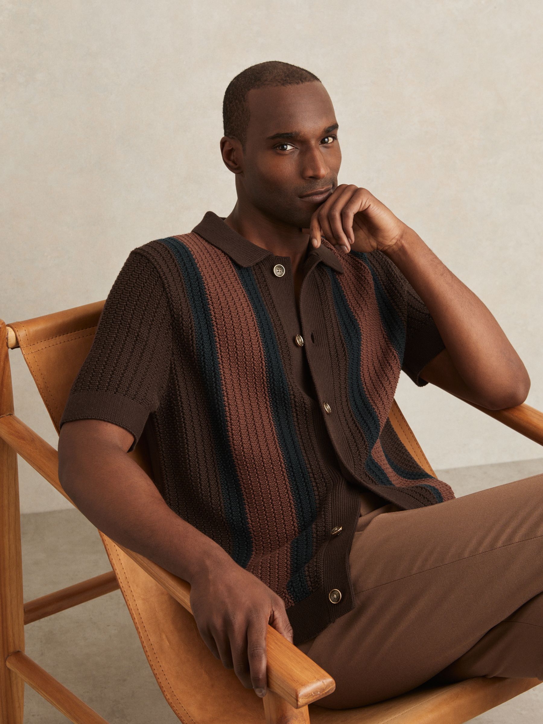 Cotton Textured-Knit Stripe Shirt in Brown Multi - Image 3 of 6