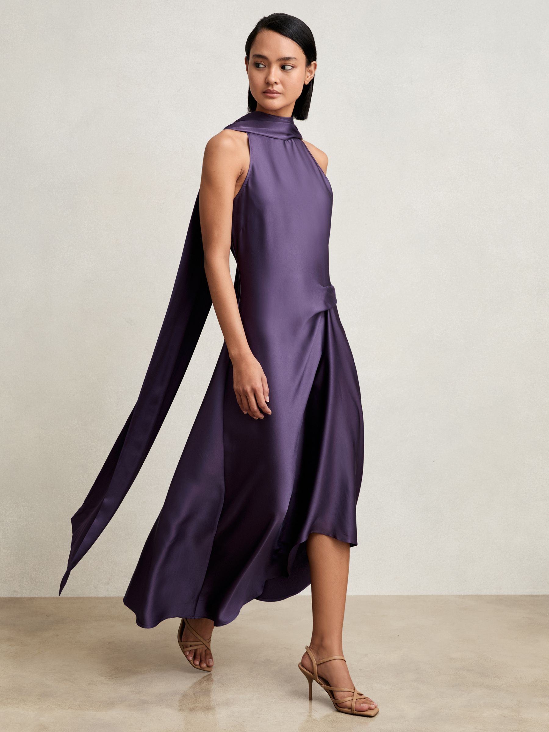 Satin Tuck-Detail Cape Midi Dress in Purple - Image 1 of 7