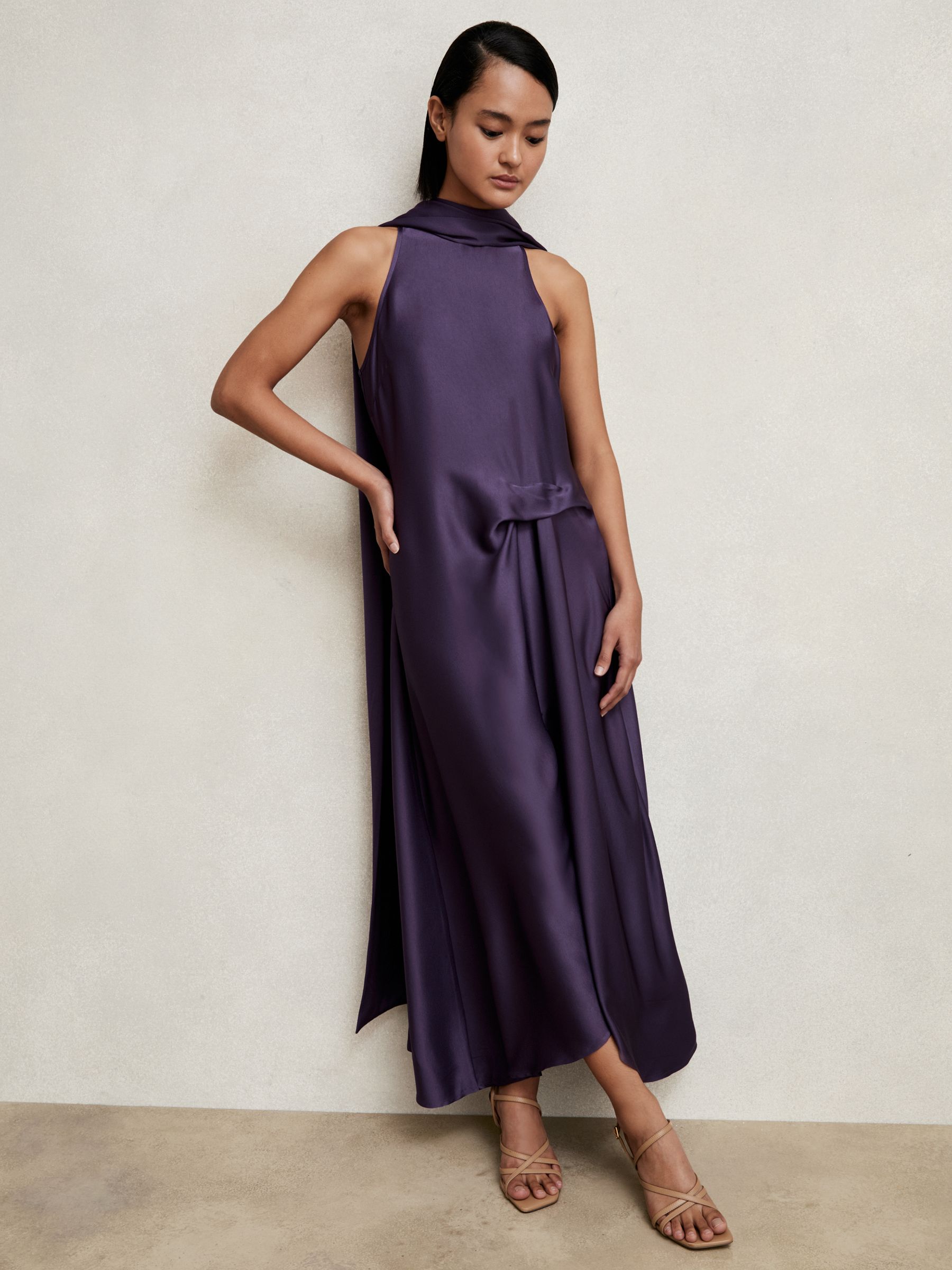 Satin Tuck-Detail Cape Midi Dress in Purple - Image 3 of 7