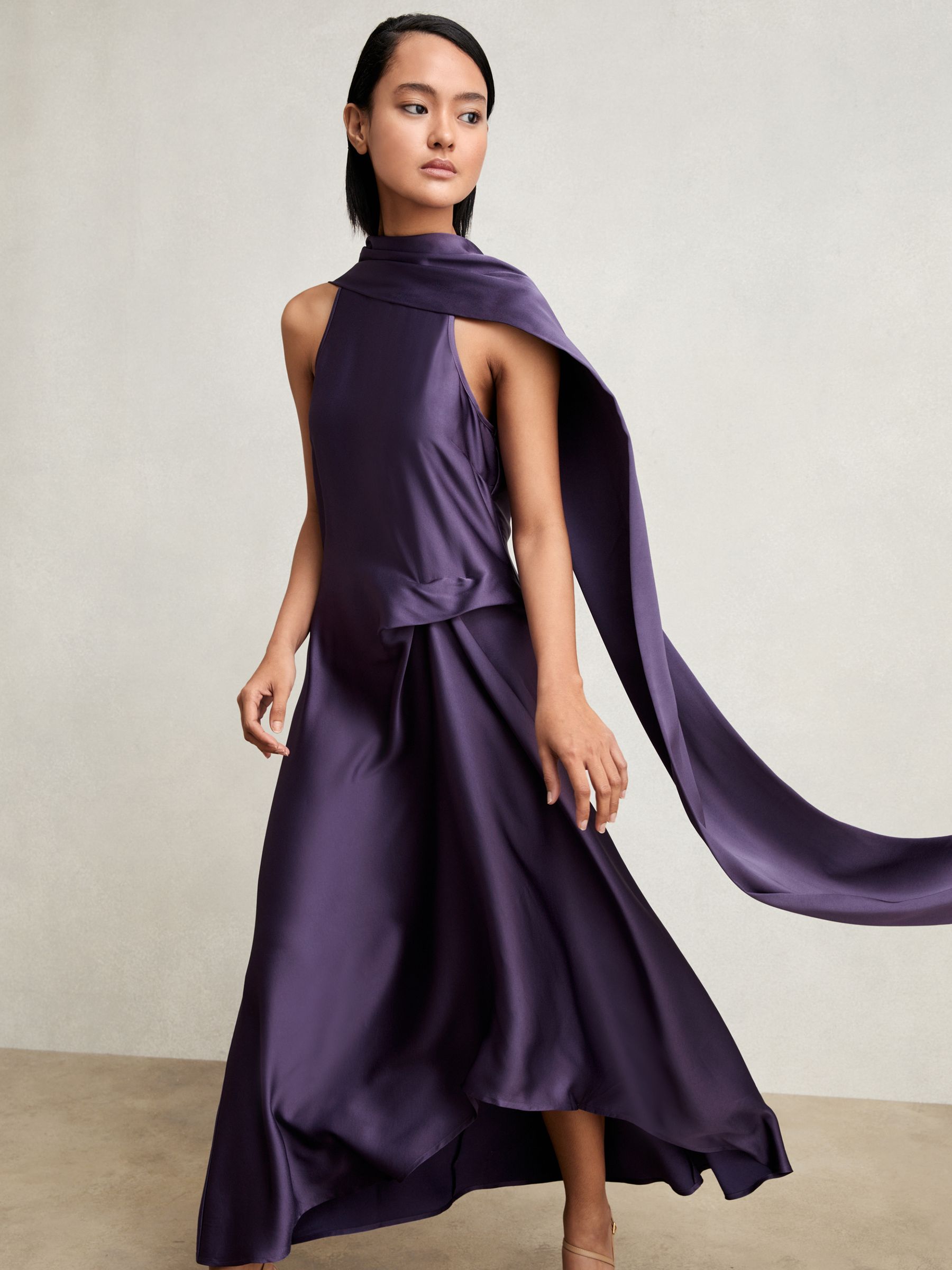 Satin Tuck-Detail Cape Midi Dress in Purple - Image 6 of 7