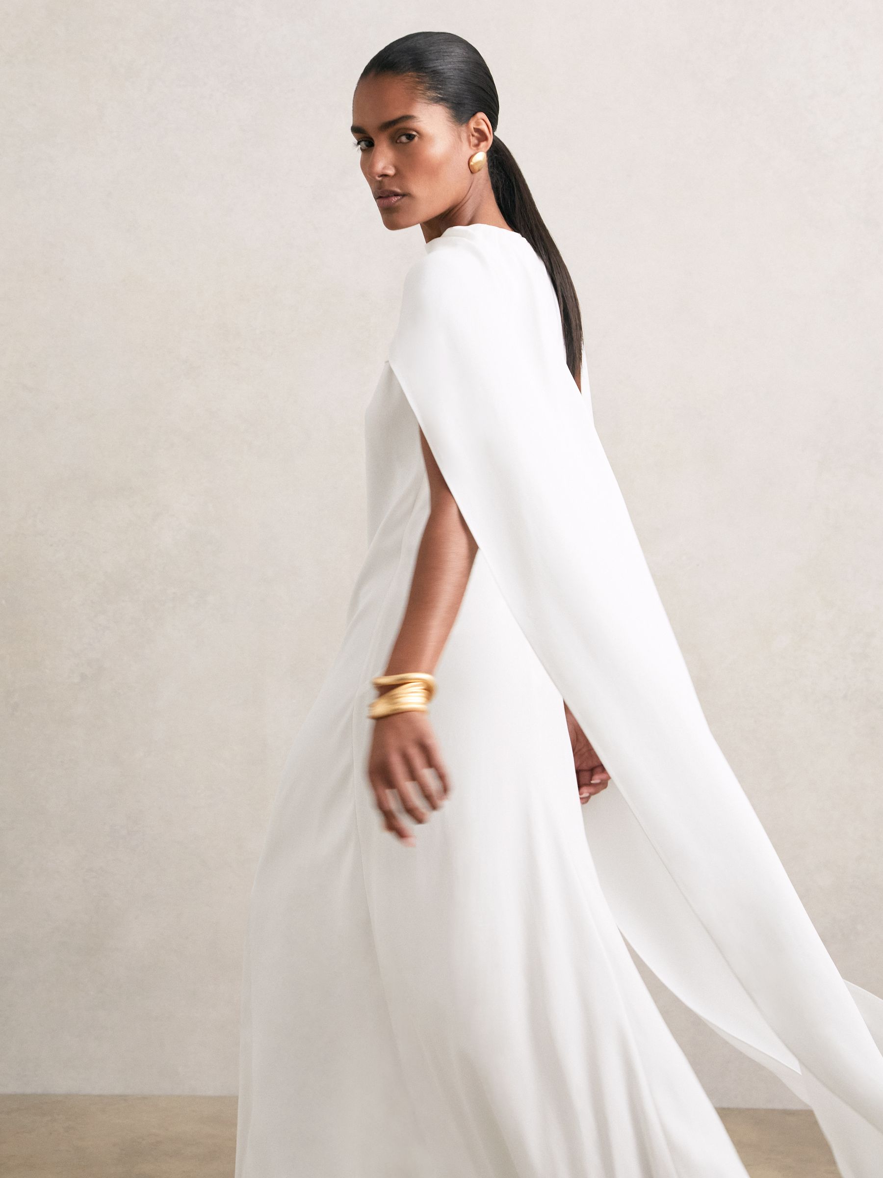 Crepe Cape Maxi Dress in White - Image 5 of 7