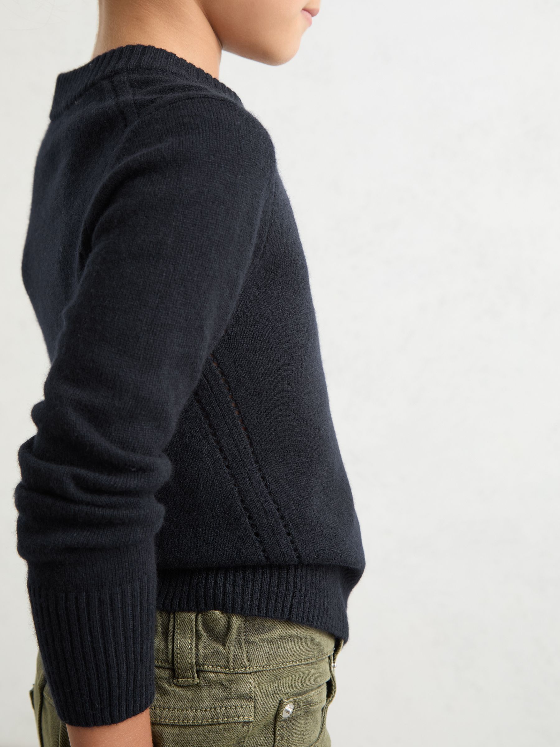 9-13 yrs Wool-Blend Open-Stitch Jumper with Cashmere in Navy - Image 4 of 5