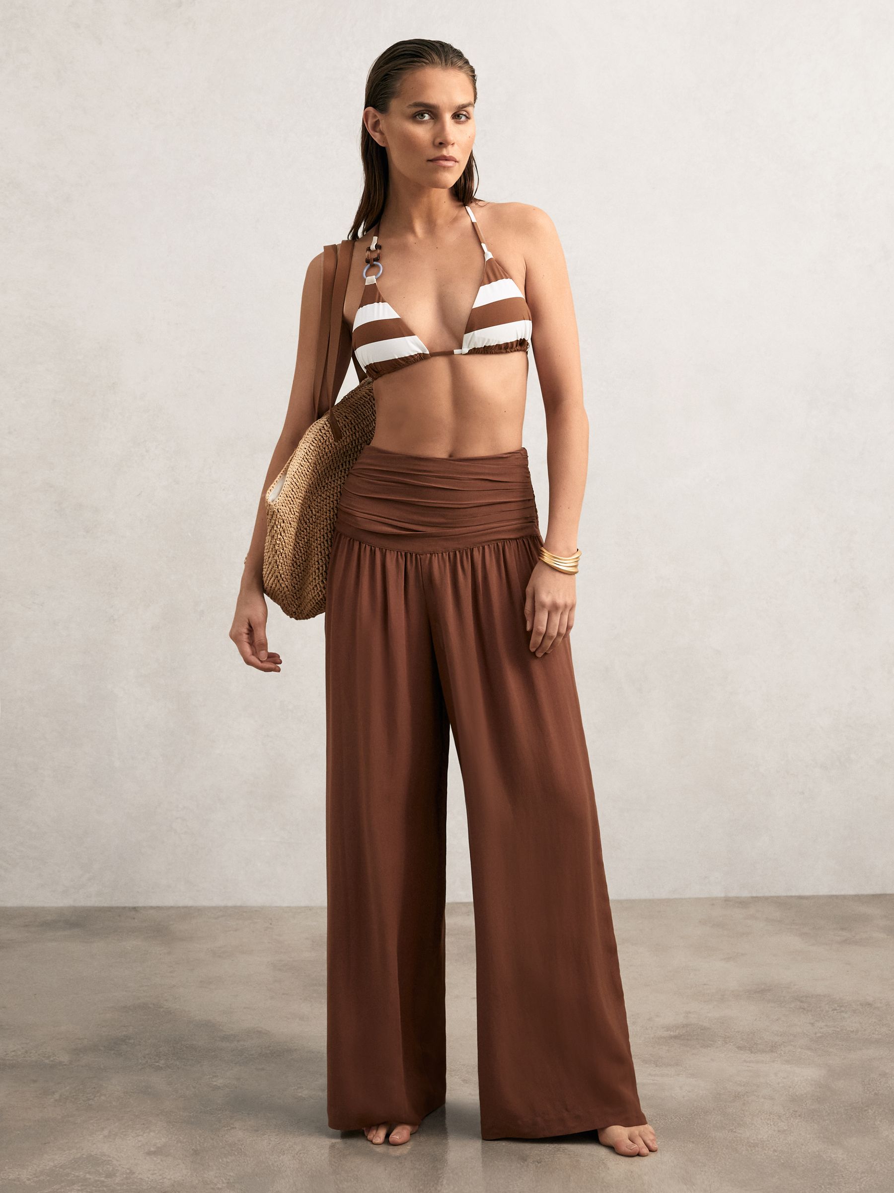 Stripe Halterneck Triangle Bikini Top in Navy/Brown - Image 4 of 6