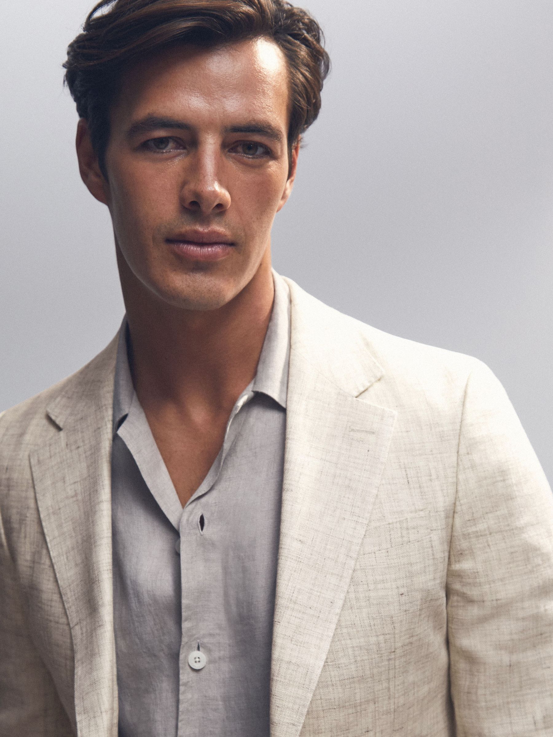 Linen-Cotton Single-Breasted Suit Blazer Slim-Fit in Stone - Image 3 of 7