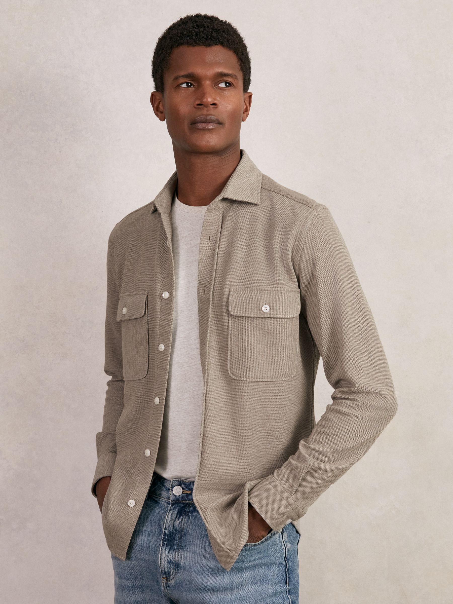 Textured Twin Pocket Cotton Blend Overshirt in Oatmeal Brown Melange - Image 1 of 6 Textured Twin Pocket Cotton Blend Overshirt in Oatmeal Brown Melange - Image 1 of 6