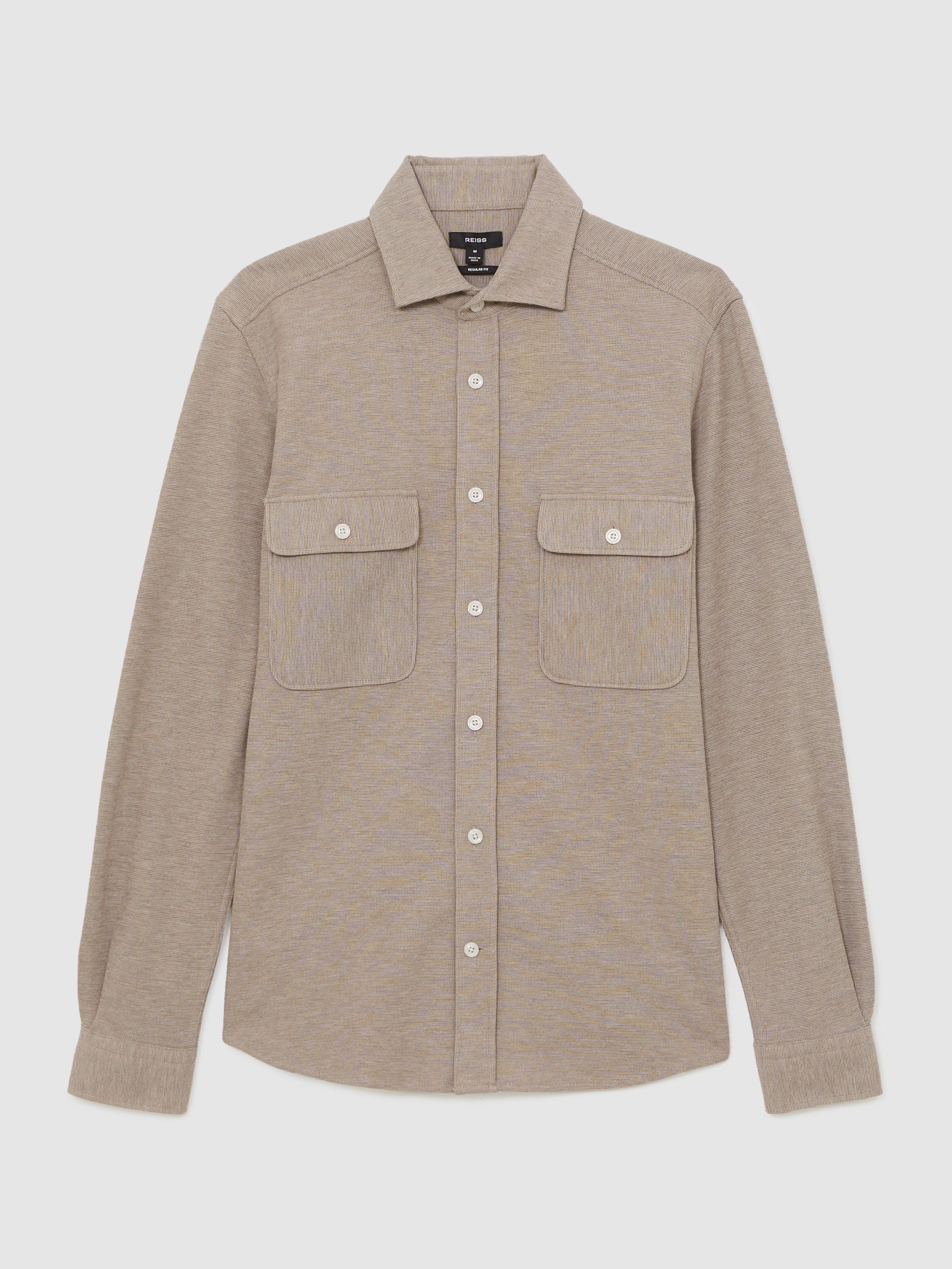Textured Twin Pocket Cotton Blend Overshirt in Oatmeal Brown Melange - Image 2 of 6