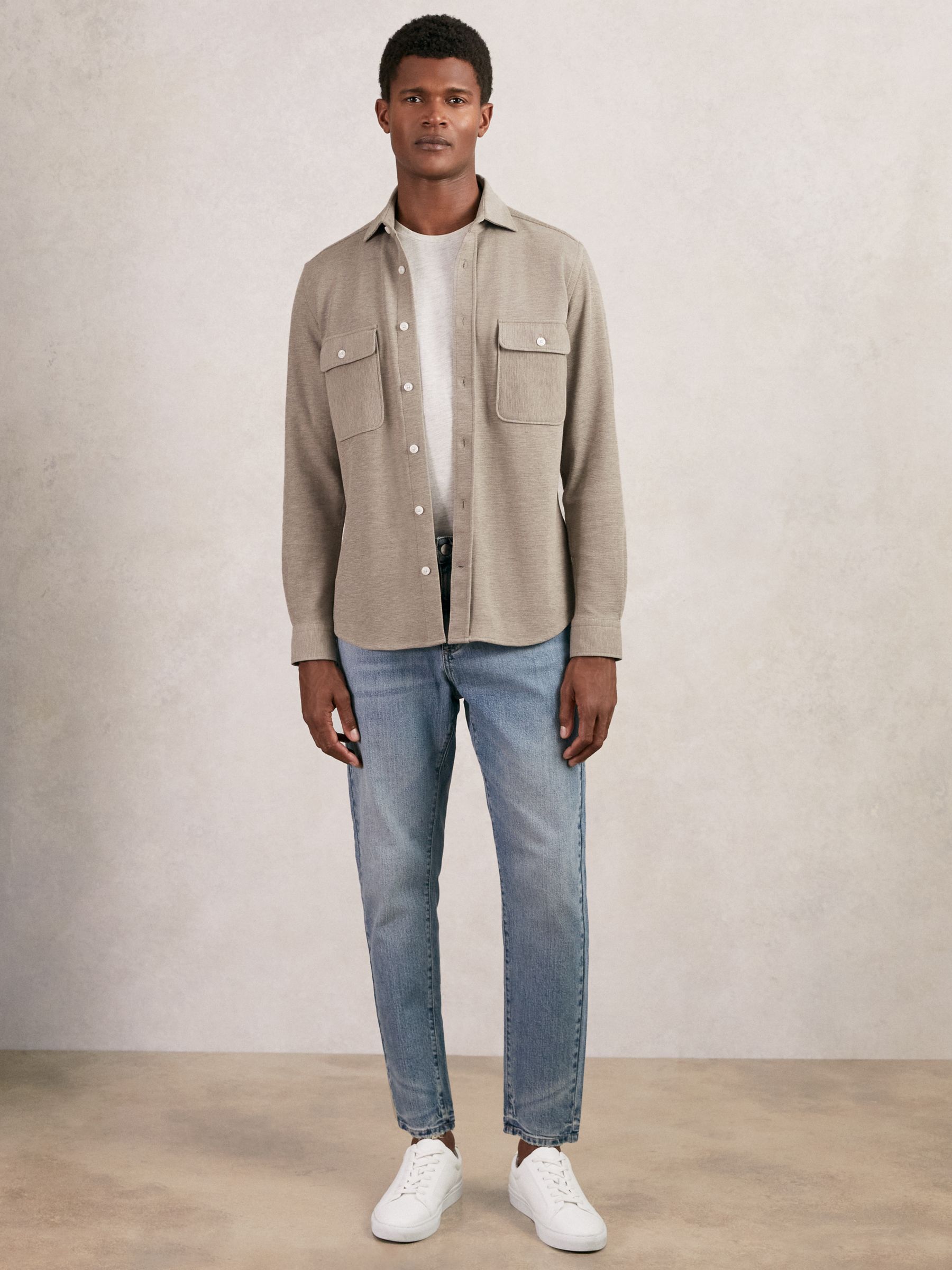 Textured Twin Pocket Cotton Blend Overshirt in Oatmeal Brown Melange - Image 3 of 6