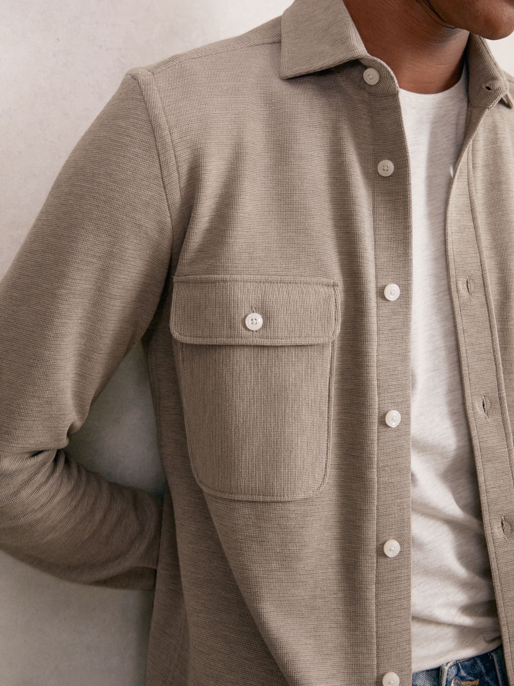 Textured Twin Pocket Cotton Blend Overshirt in Oatmeal Brown Melange - Image 4 of 6