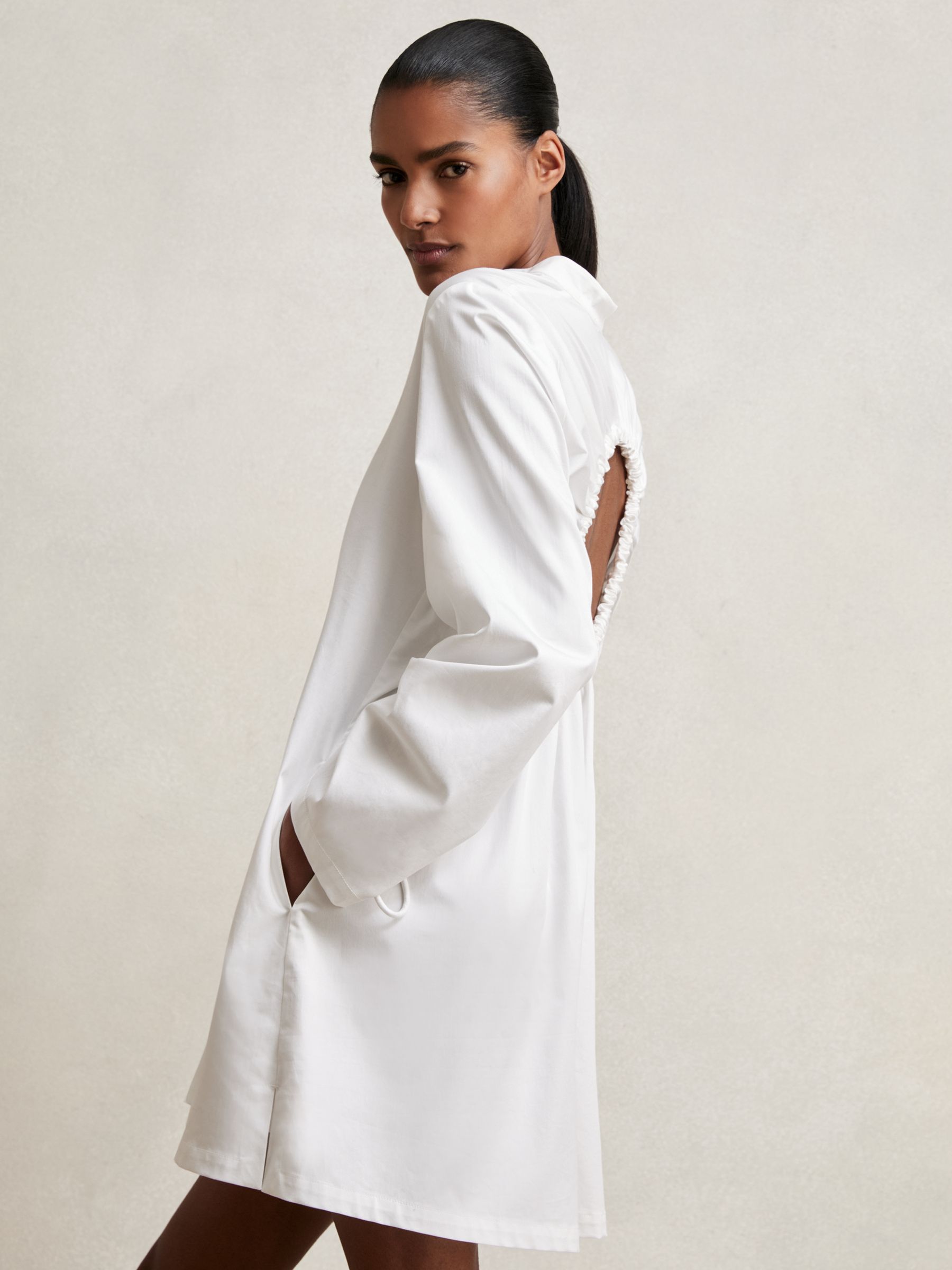 Cotton Gathered Cut-Out Shirt Dress with Stretch in Ivory - image 5