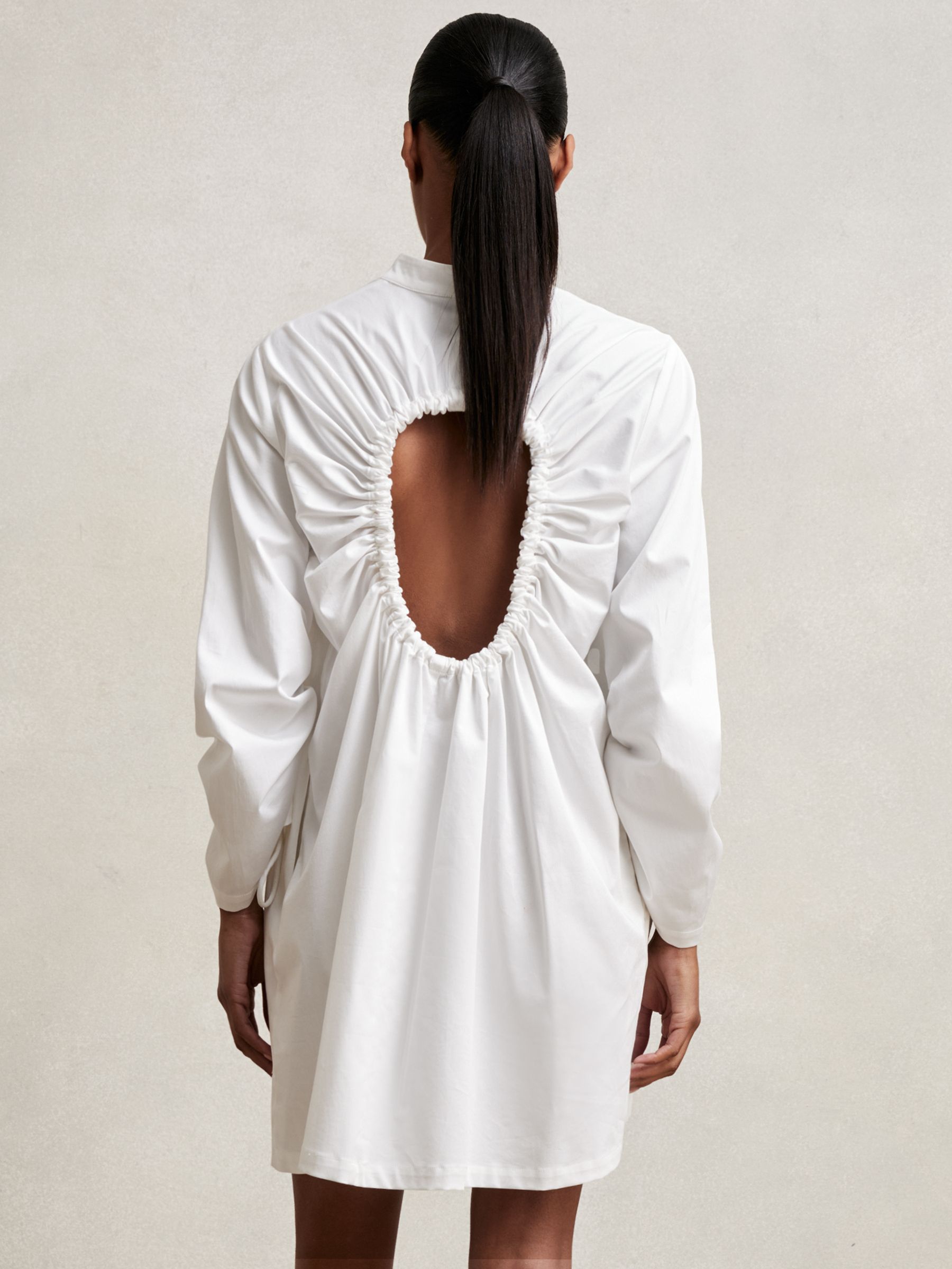 Cotton Gathered Cut-Out Shirt Dress with Stretch in Ivory - image 3