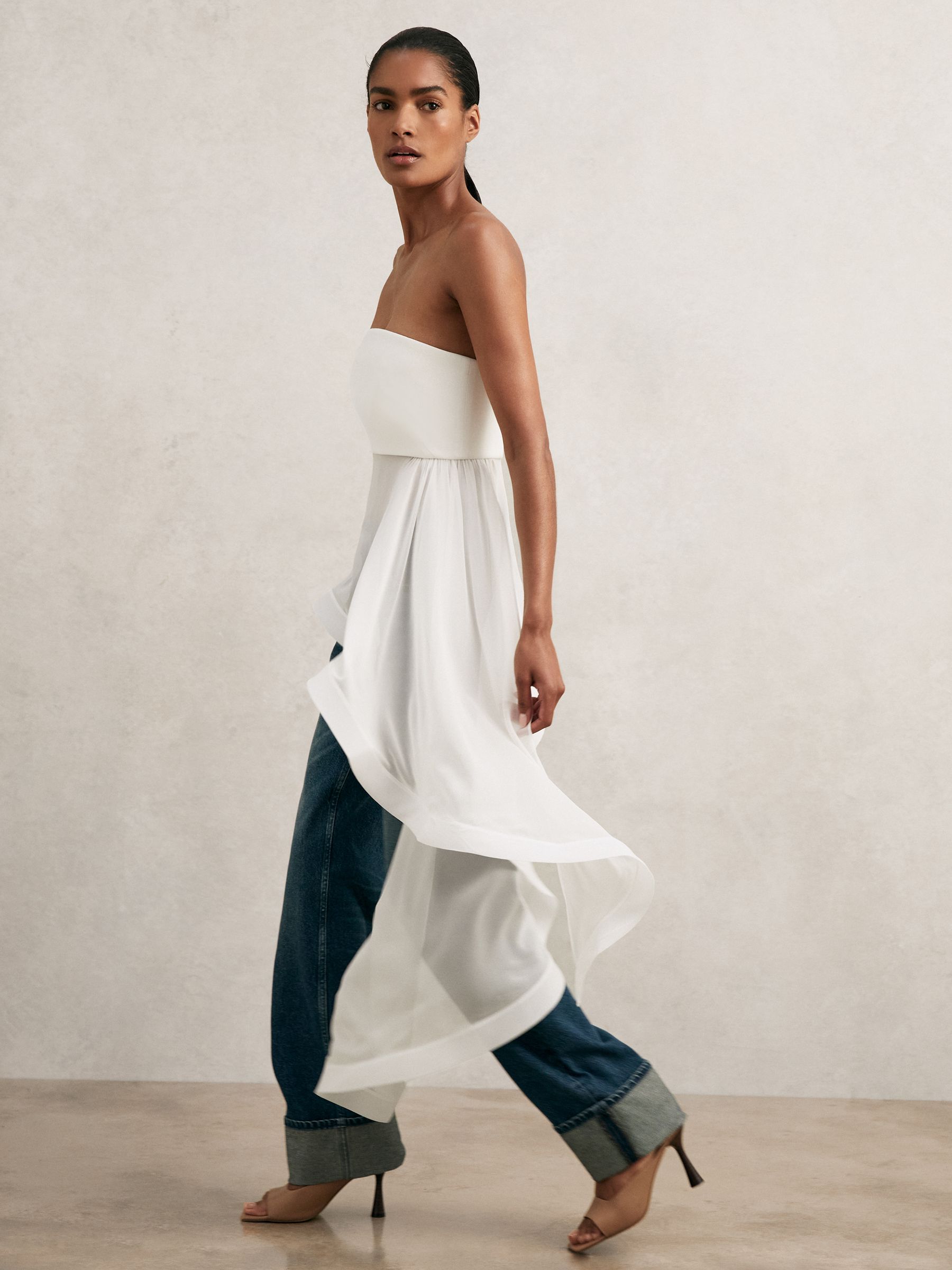 Silk Asymmetric-Ruffle Bandeau Top in Ivory - Image 3 of 7
