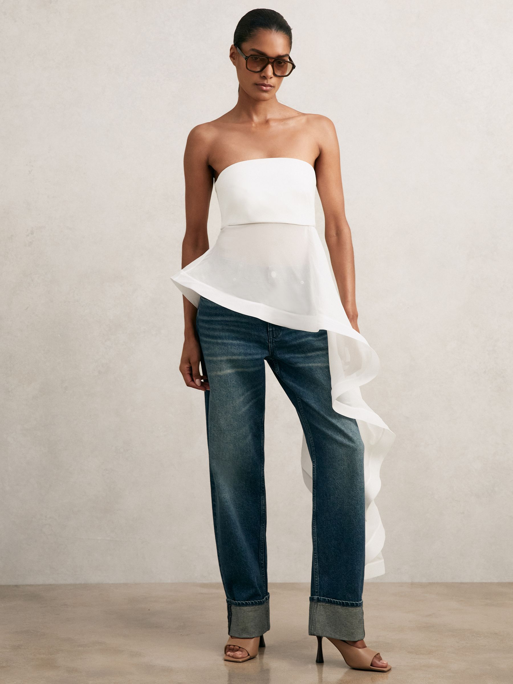 Silk Asymmetric-Ruffle Bandeau Top in Ivory - Image 4 of 7