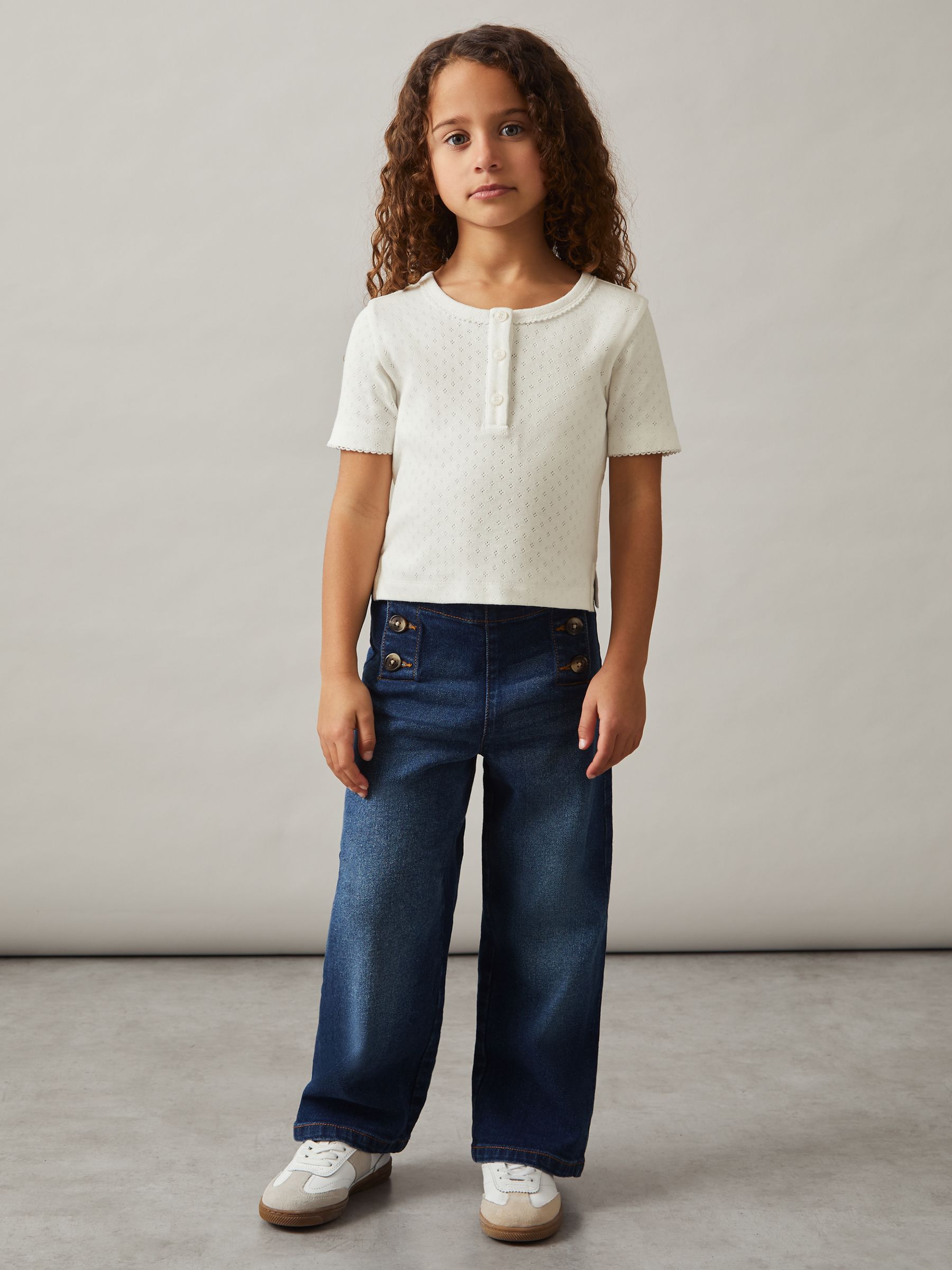 9-13 yrs Cotton Pointelle Button T-Shirt in Ivory - Image 1 of 4