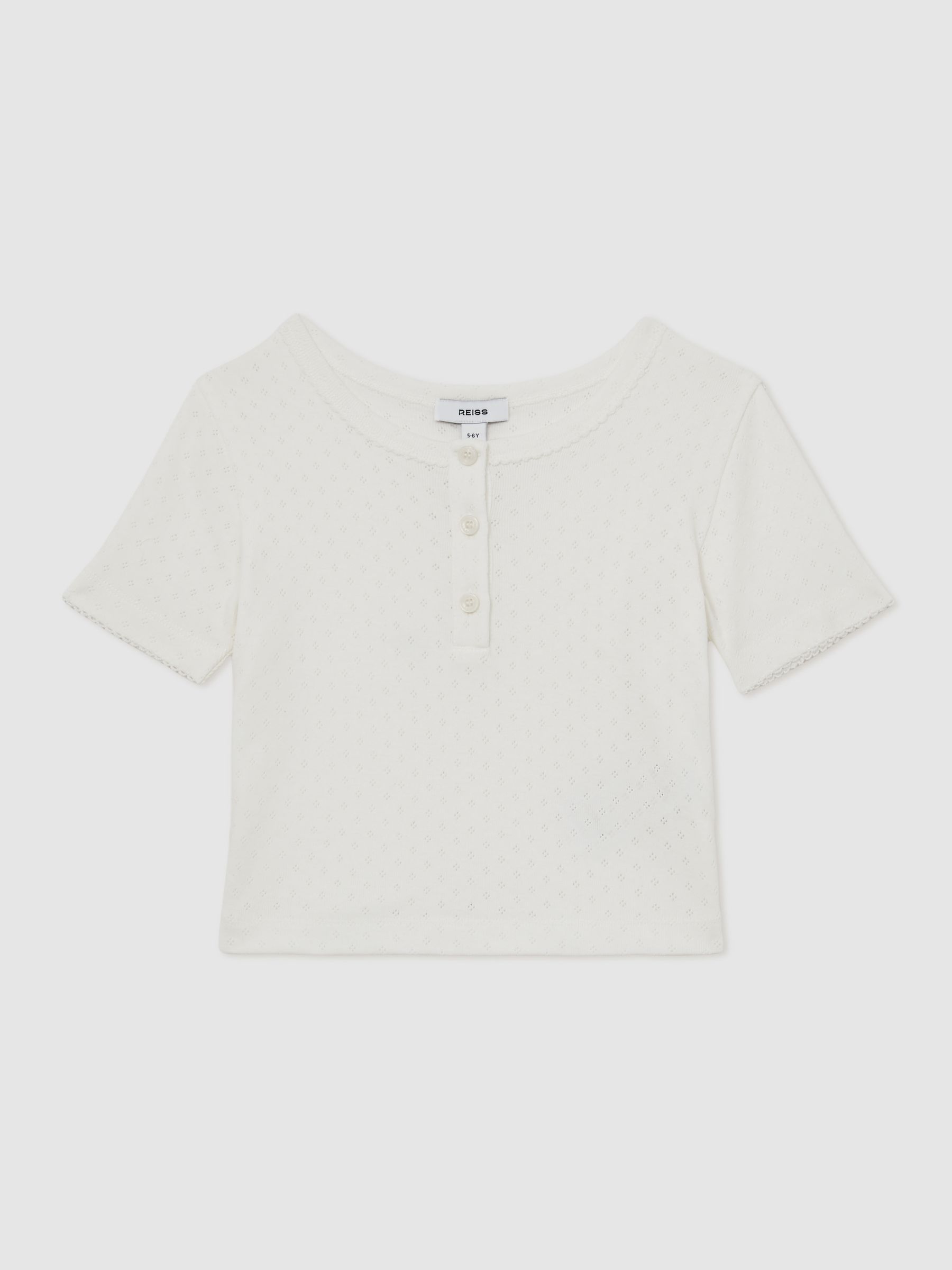 9-13 yrs Cotton Pointelle Button T-Shirt in Ivory - Image 2 of 4
