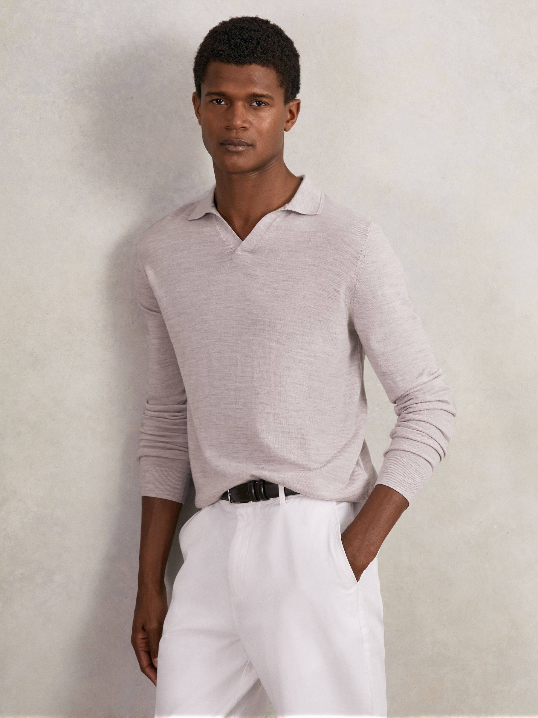 Merino Wool Open-Collar Polo Shirt in Wicker Brown Melange - Image 1 of 6