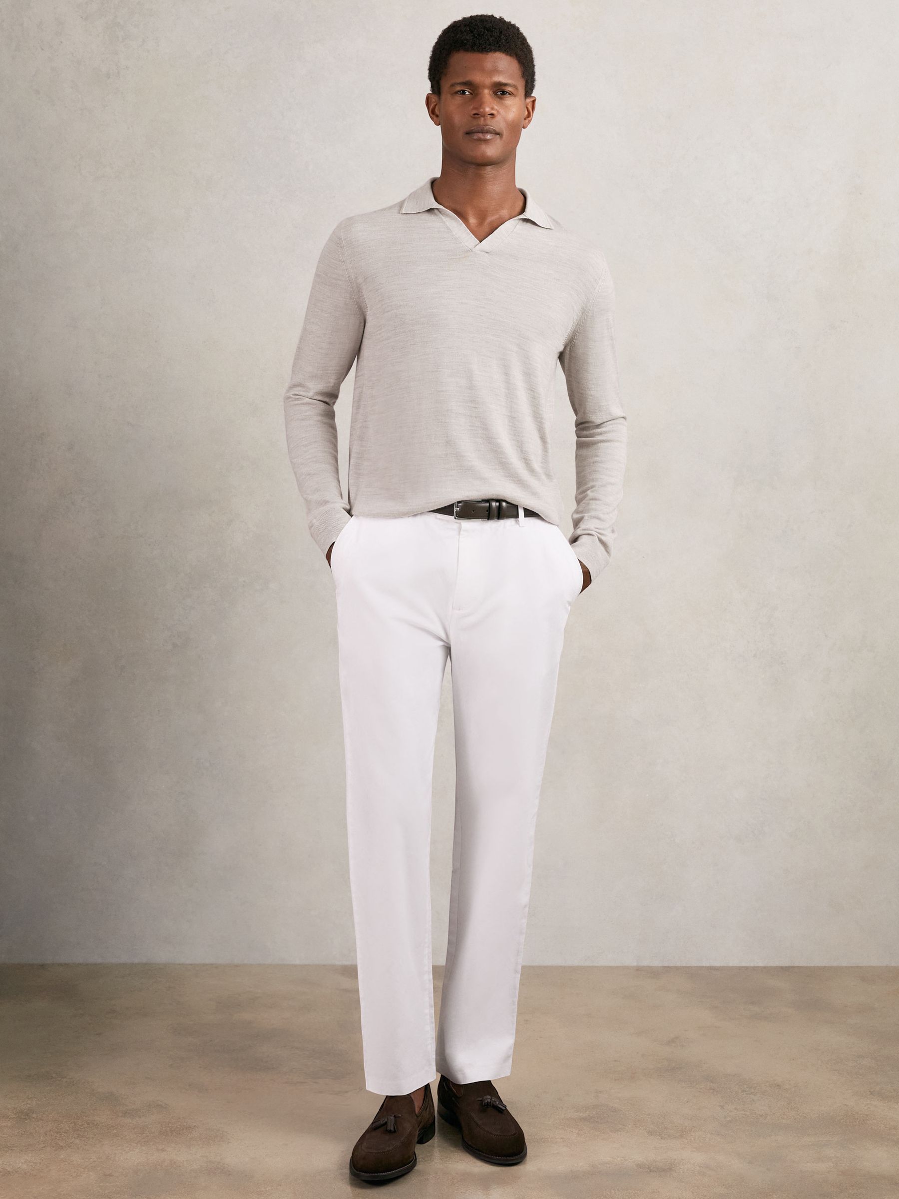 Merino Wool Open-Collar Polo Shirt in Wicker Brown Melange - Image 3 of 6
