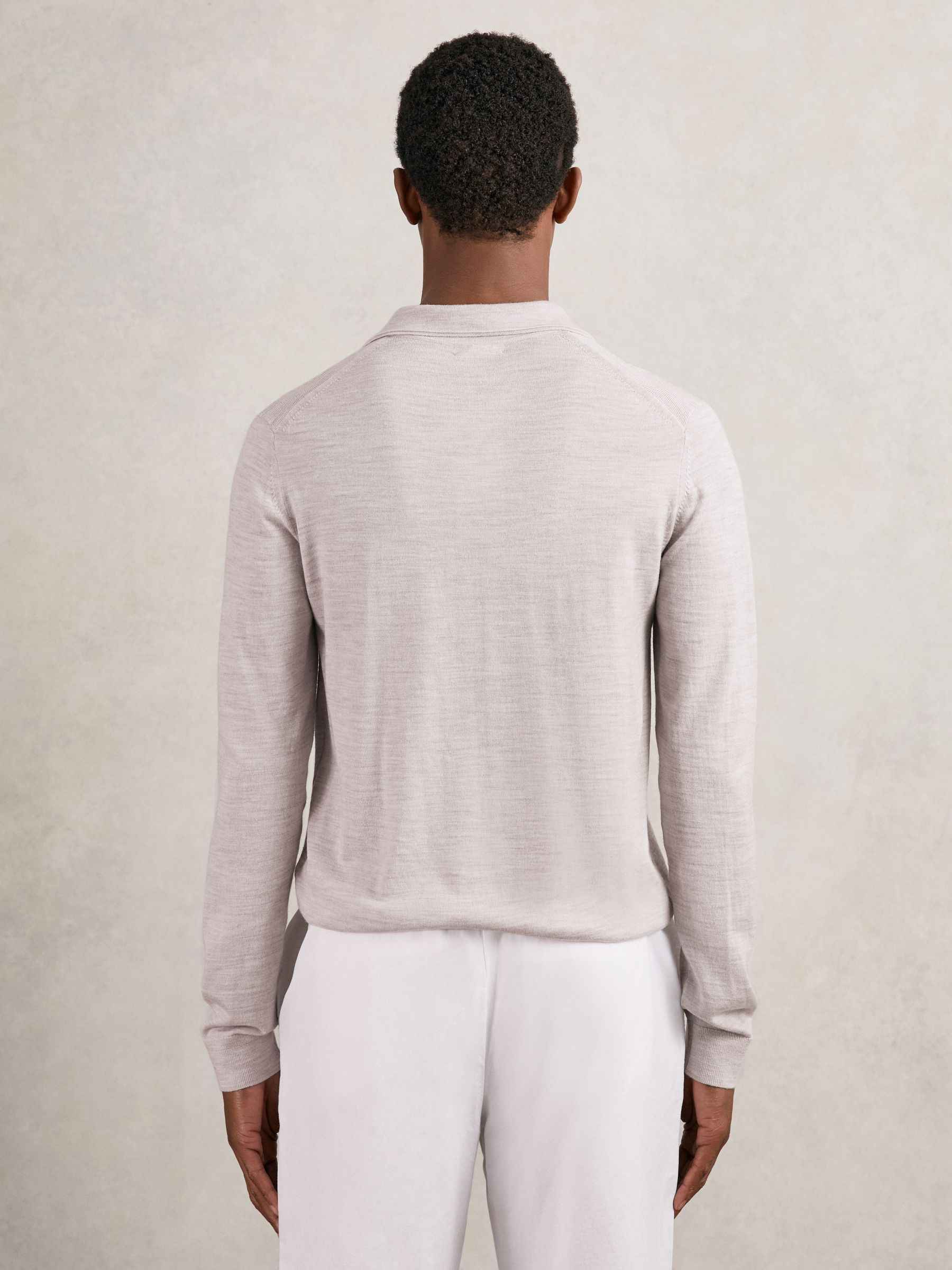 Merino Wool Open-Collar Polo Shirt in Wicker Brown Melange - Image 5 of 6